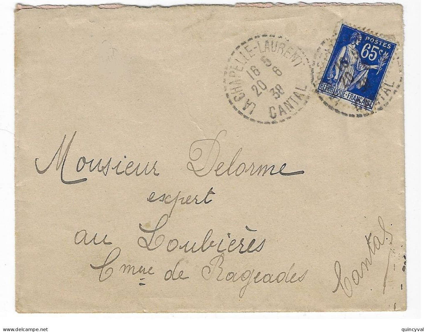 LA CHAPELLE-LAURENT Cantal Lettre 65c Paix Bleu Yv 365 Ob FB 04 20 6 1932 - Handstempels