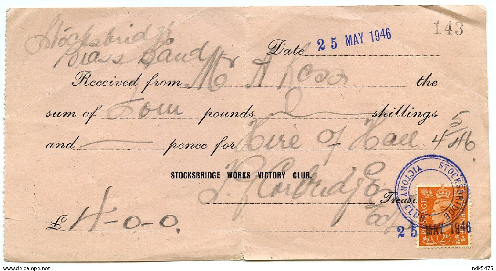 STOCKSBRIDGE WORKS VICTORIA CLUB / BRASS BAND - RECEIPT, 1946 / HIRE OF HALL - Royaume-Uni