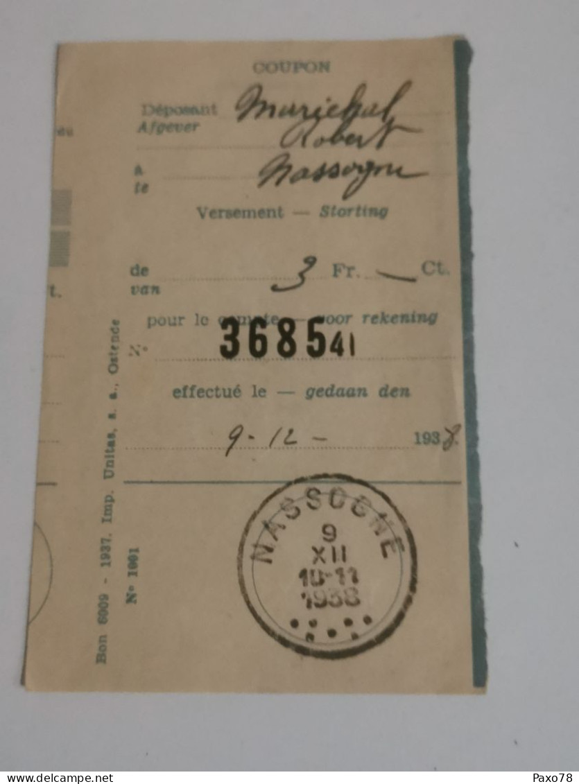 Coupon Belgique, Oblitéré Nassogne 1938 - Cartas & Documentos