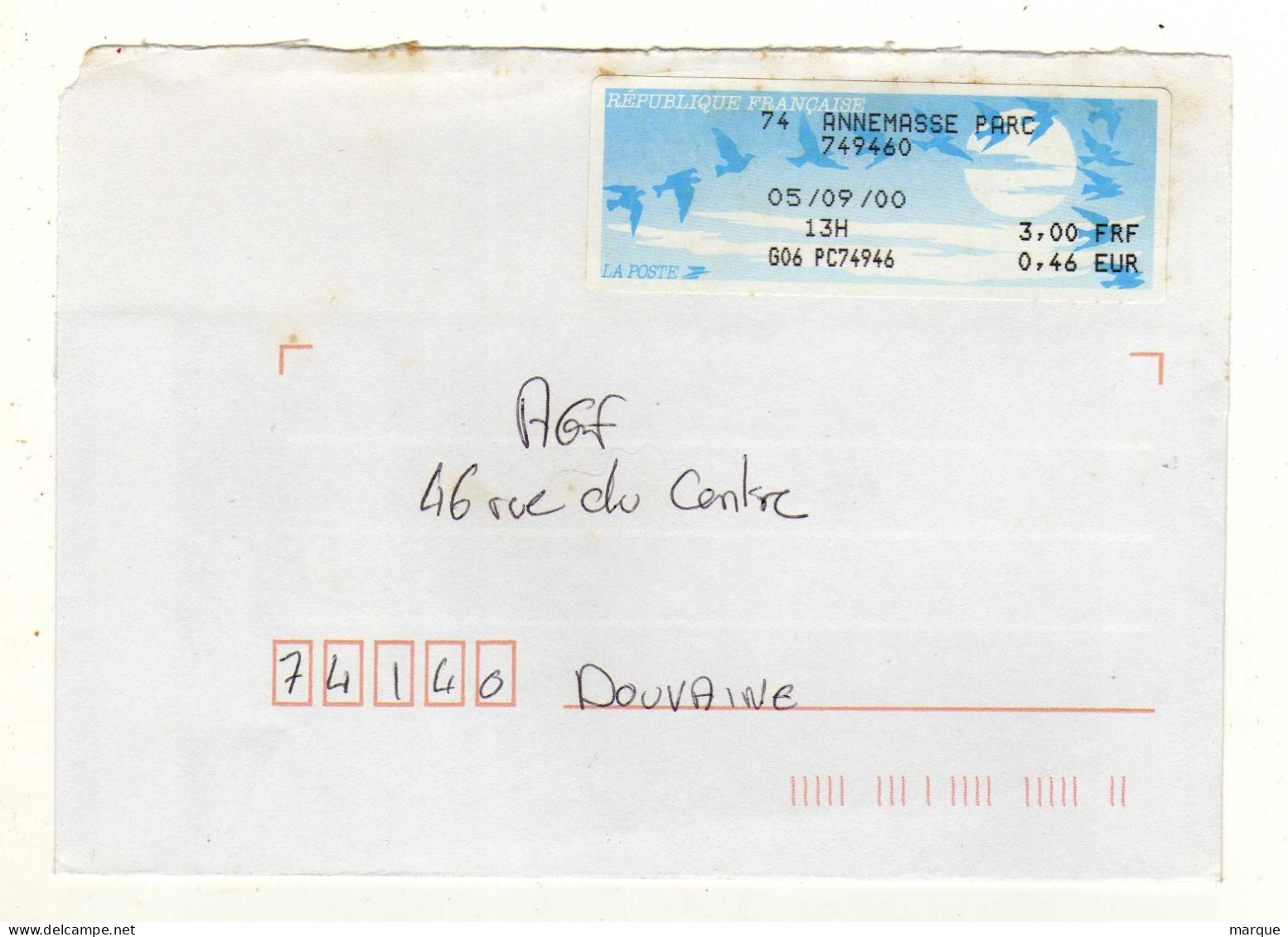Enveloppe FRANCE Avec Vignette Affranchissement Oblitération ANNEMASSE PARC 05/09/2000 - 1990 Type « Oiseaux De Jubert »