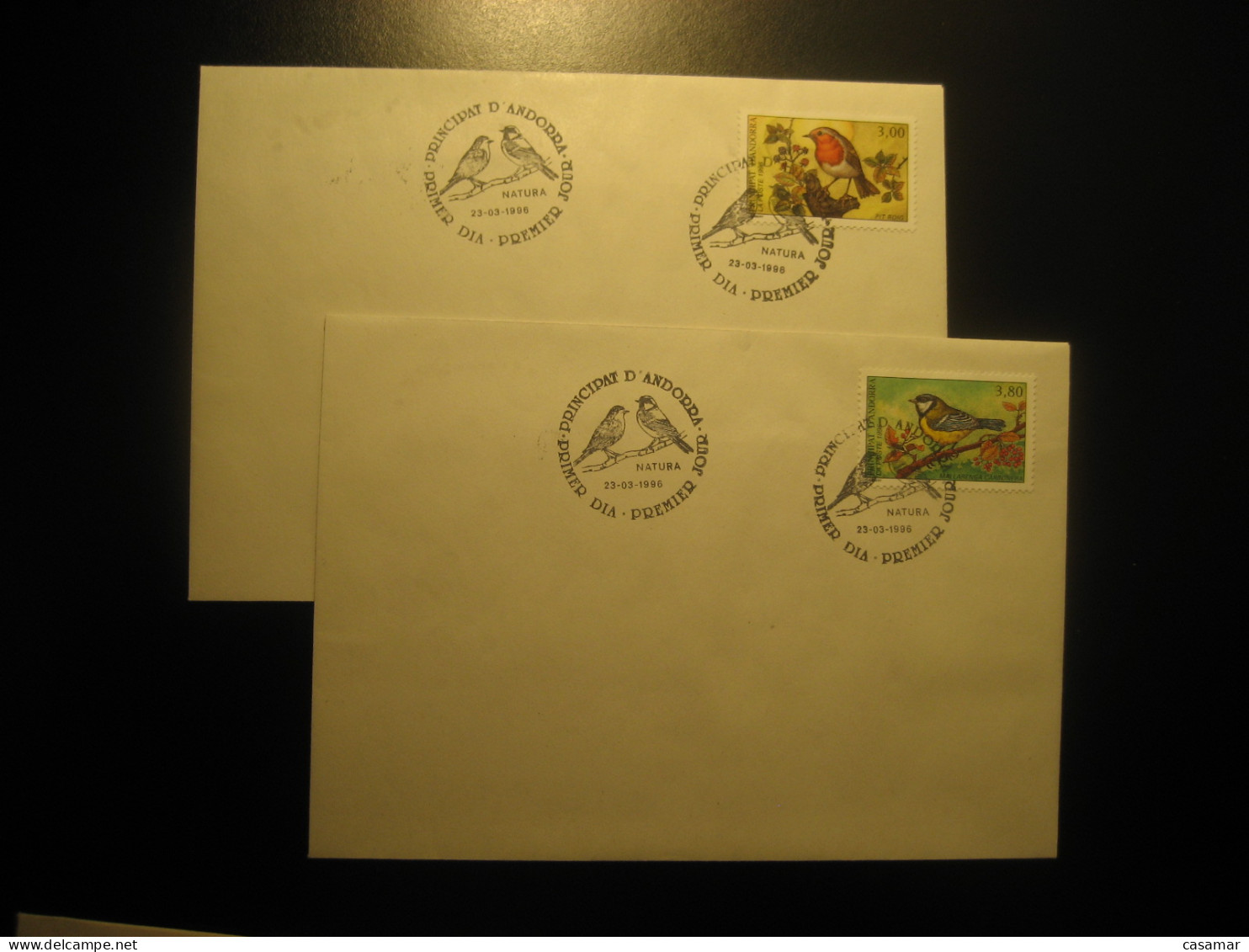 1996 Natura Mallarenga Carbonera Pit Roig Bird Birds Cancel 2 Cover ANDORRA Andorre Spain France Area - Covers & Documents