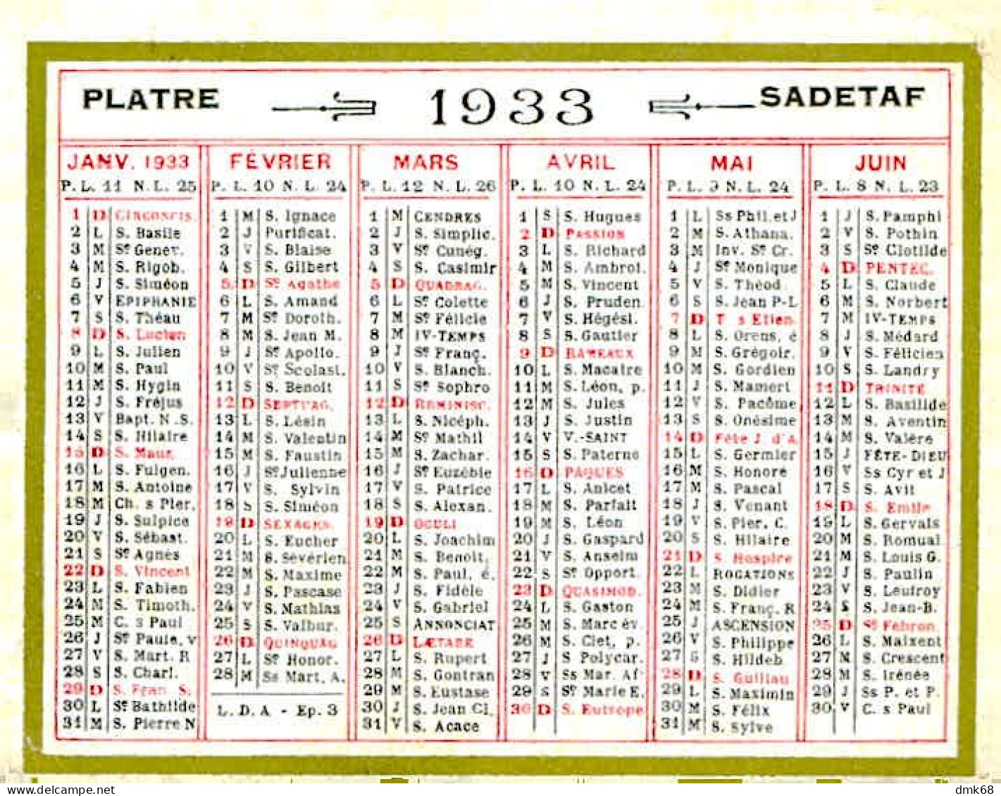 TUNISIA / TUNIS - CALENDARIO TASCABILE /  POCKET CALENDAR 1933 (17963) - Formato Piccolo : 1921-40