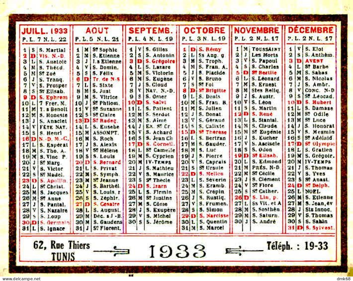 TUNISIA / TUNIS - CALENDARIO TASCABILE /  POCKET CALENDAR 1933 (17963) - Formato Piccolo : 1921-40