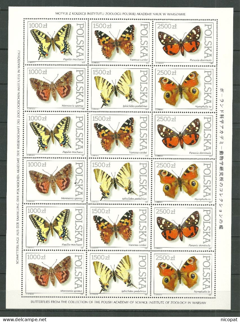 POLAND MNH ** 3144-3149 En Feuille PAPILLONS PAPILLON Exposition PHILANIPPON 91 Institut De Zoologie Varsovie Butterfly - Full Sheets