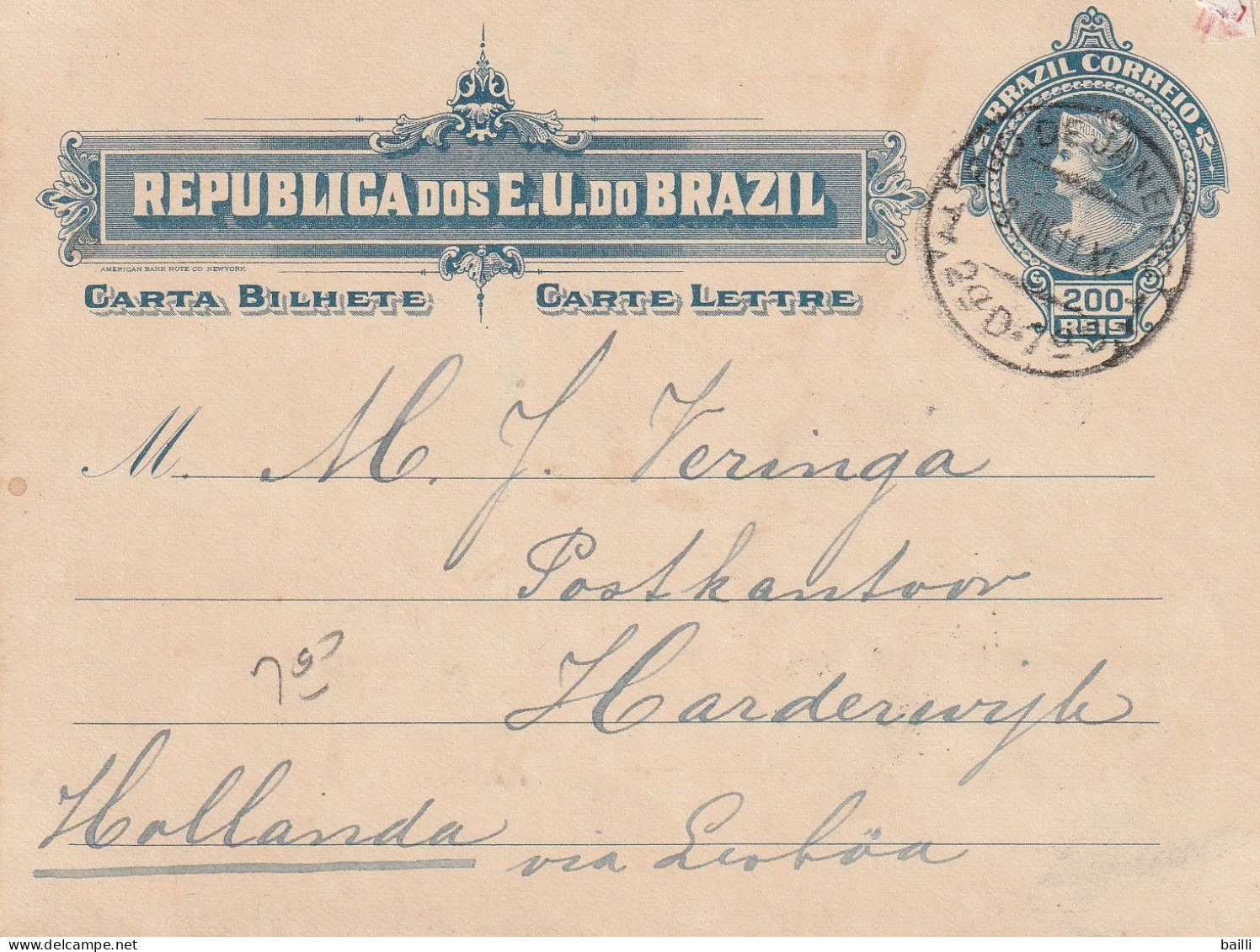 Brésil Entier Postal Carte Lettre Pour La Hollande 1911 - Entiers Postaux