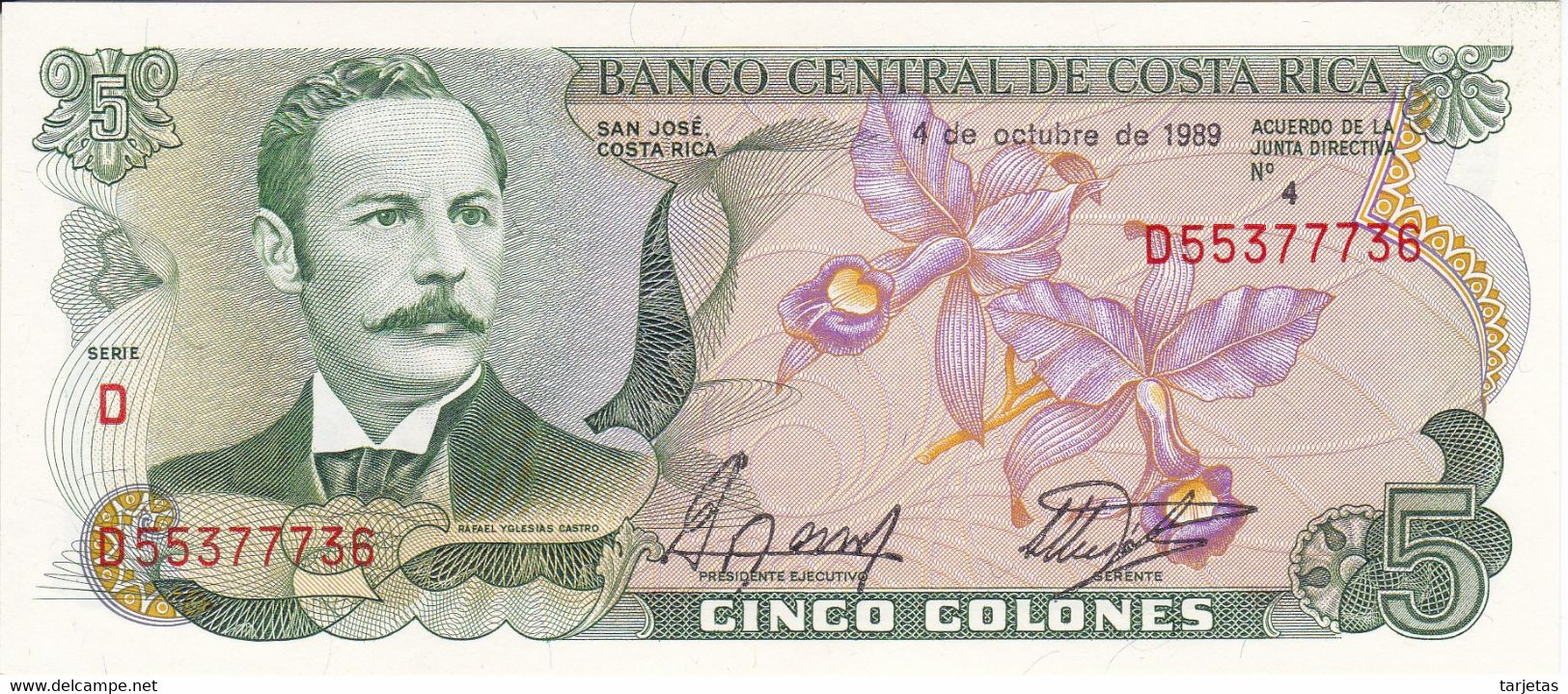 BILLETE DE COSTA RICA DE 5 COLONES DEL AÑO 1989 SIN CIRCULAR (UNC) (BANKNOTE) - Costa Rica