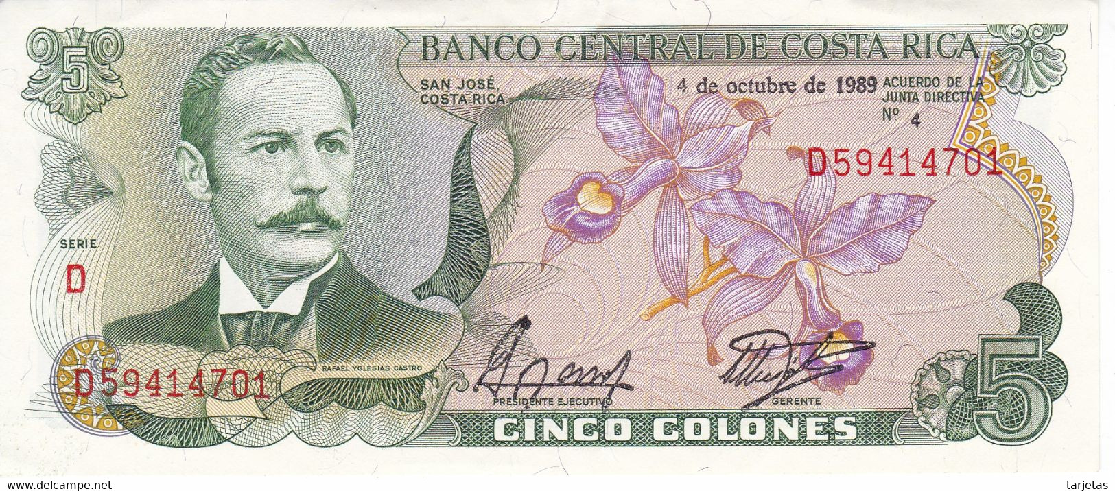 BILLETE DE COSTA RICA DE 5 COLONES DEL AÑO 1989 CALIDAD EBC (XF) (BANKNOTE) - Costa Rica