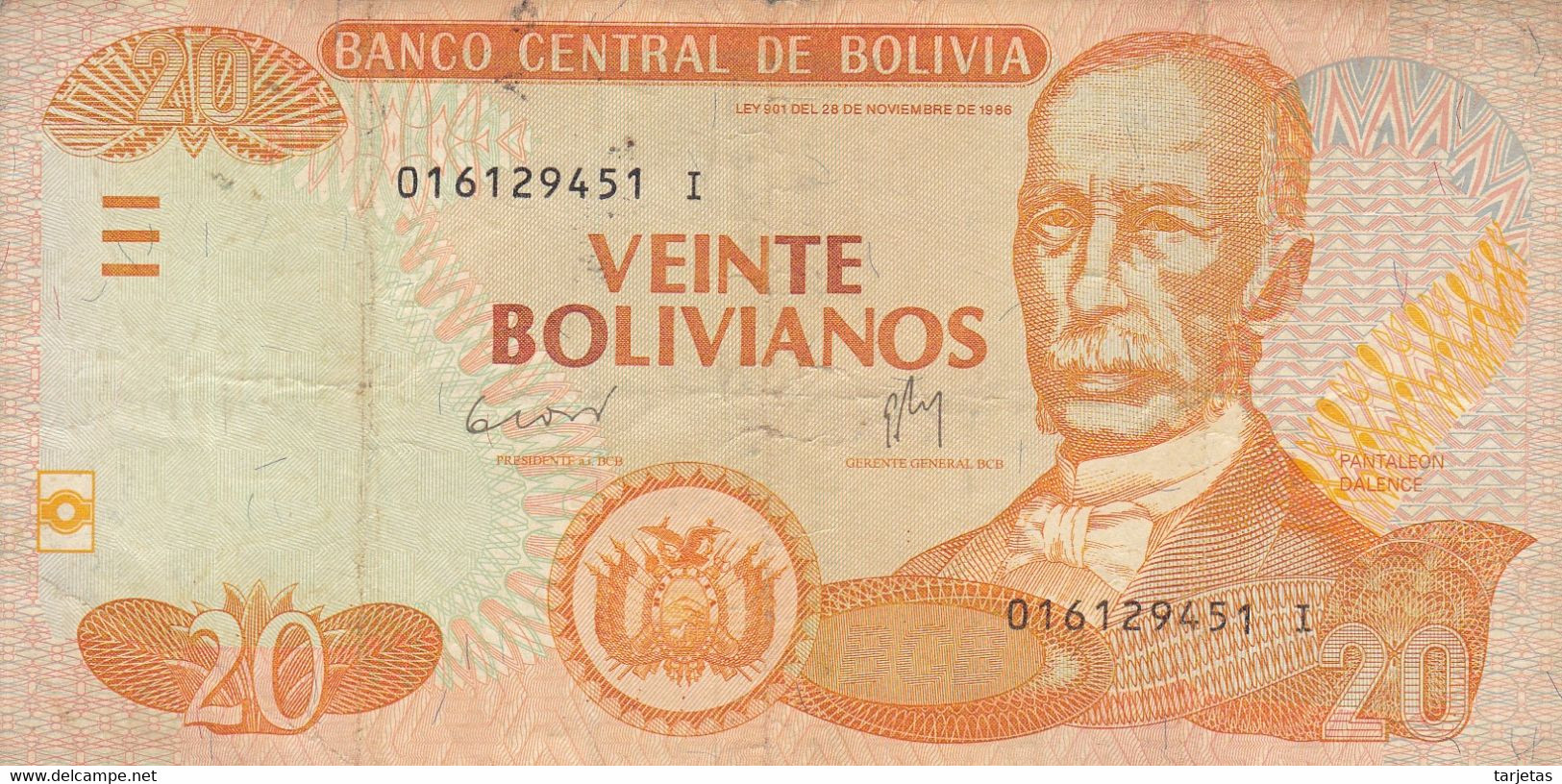 BILLETE DE BOLIVIA DE 20 BOLIVIANOS DEL AÑO 1986 (BANKNOTE) - Bolivien