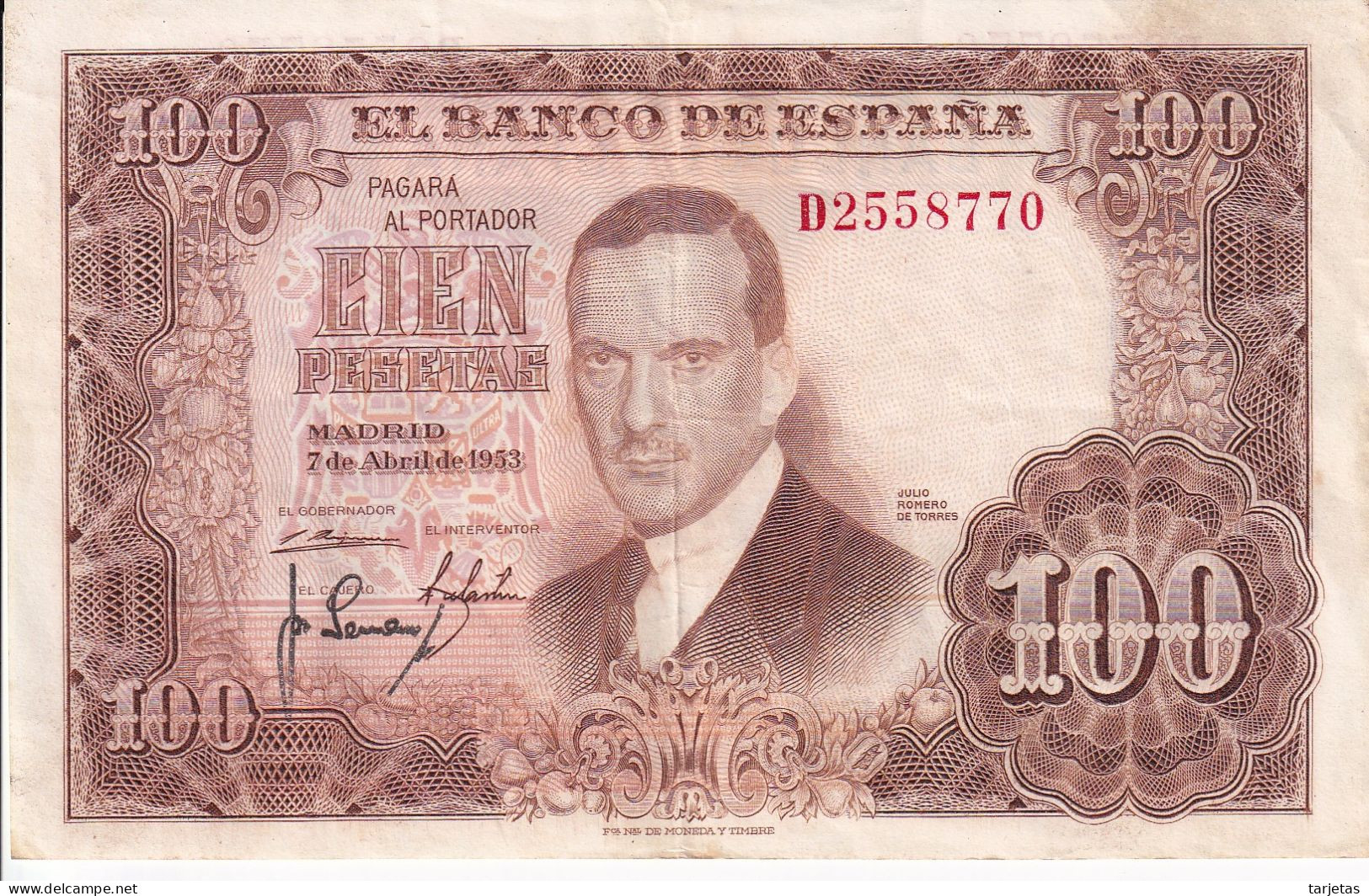 BILLETE DE ESPAÑA DE 100 PTAS DEL 7/04/1953 SERIE D EN CALIDAD EBC (XF) (BANKNOTE) - 100 Pesetas