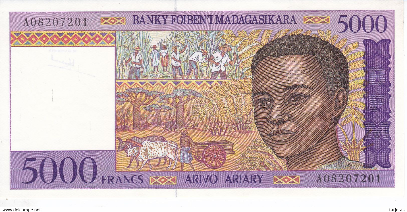 BILLETE DE MADAGASCAR DE 5000 FRANCS DEL AÑO 1995 EN CALIDAD EBC (XF) (BANK NOTE) - Madagaskar