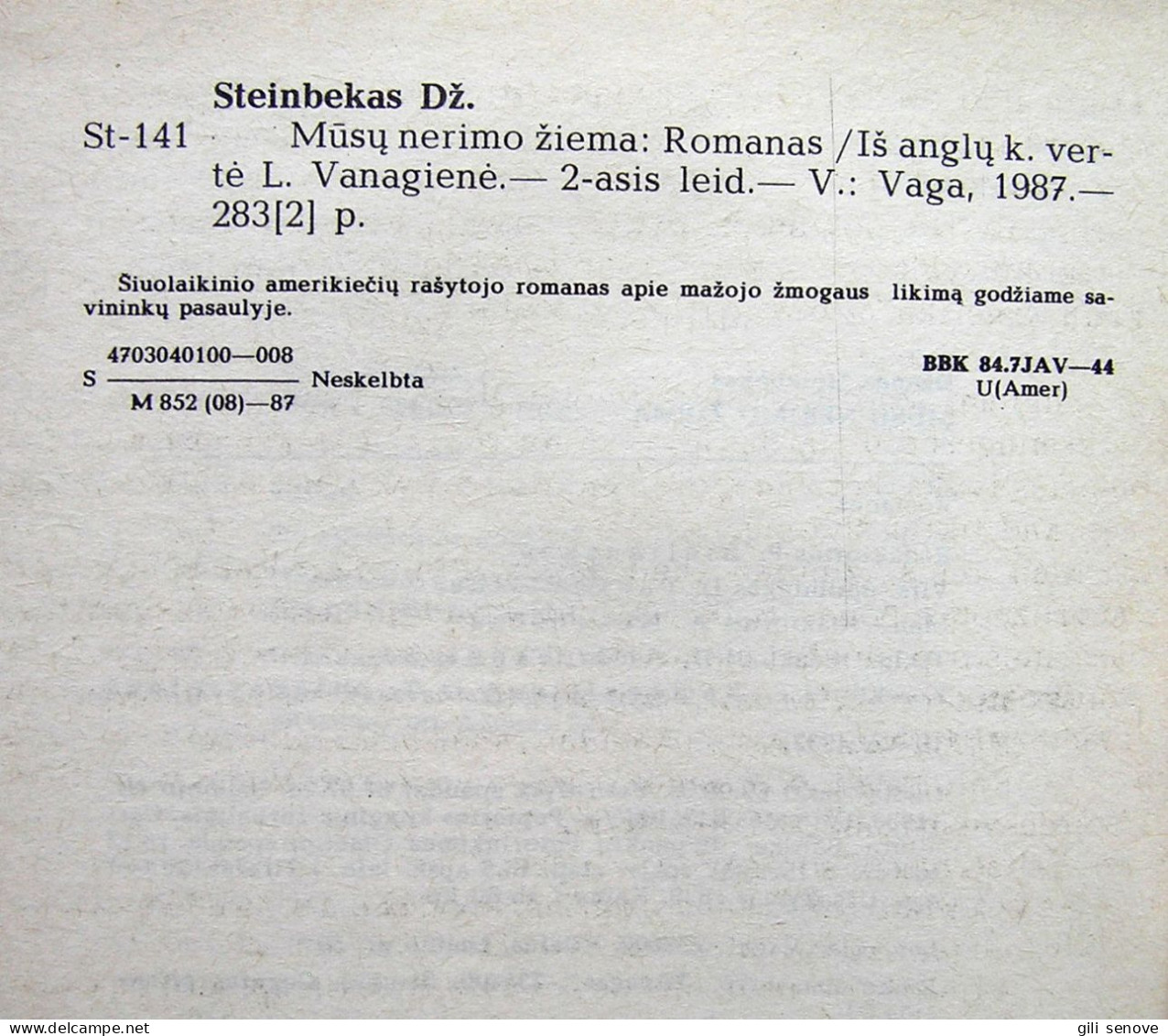 Lithuanian Book / Mūsų Nerimo žiema John Steinbeck 1987 - Novelas