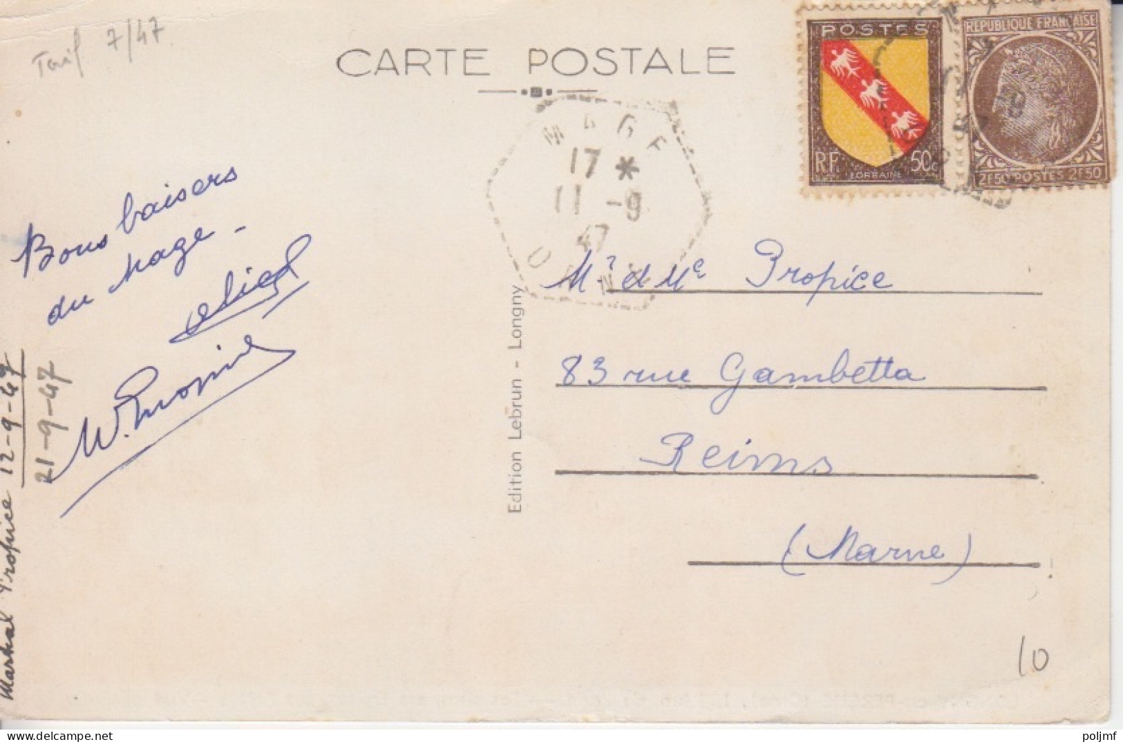 F CP "Longny Au Perche" Obl. Magne Le 11/9/47 Sur 2f50 Mazelin N° 681 + 50c Lorraine (Tarif Du 8/7/47) - 1945-47 Ceres Of Mazelin