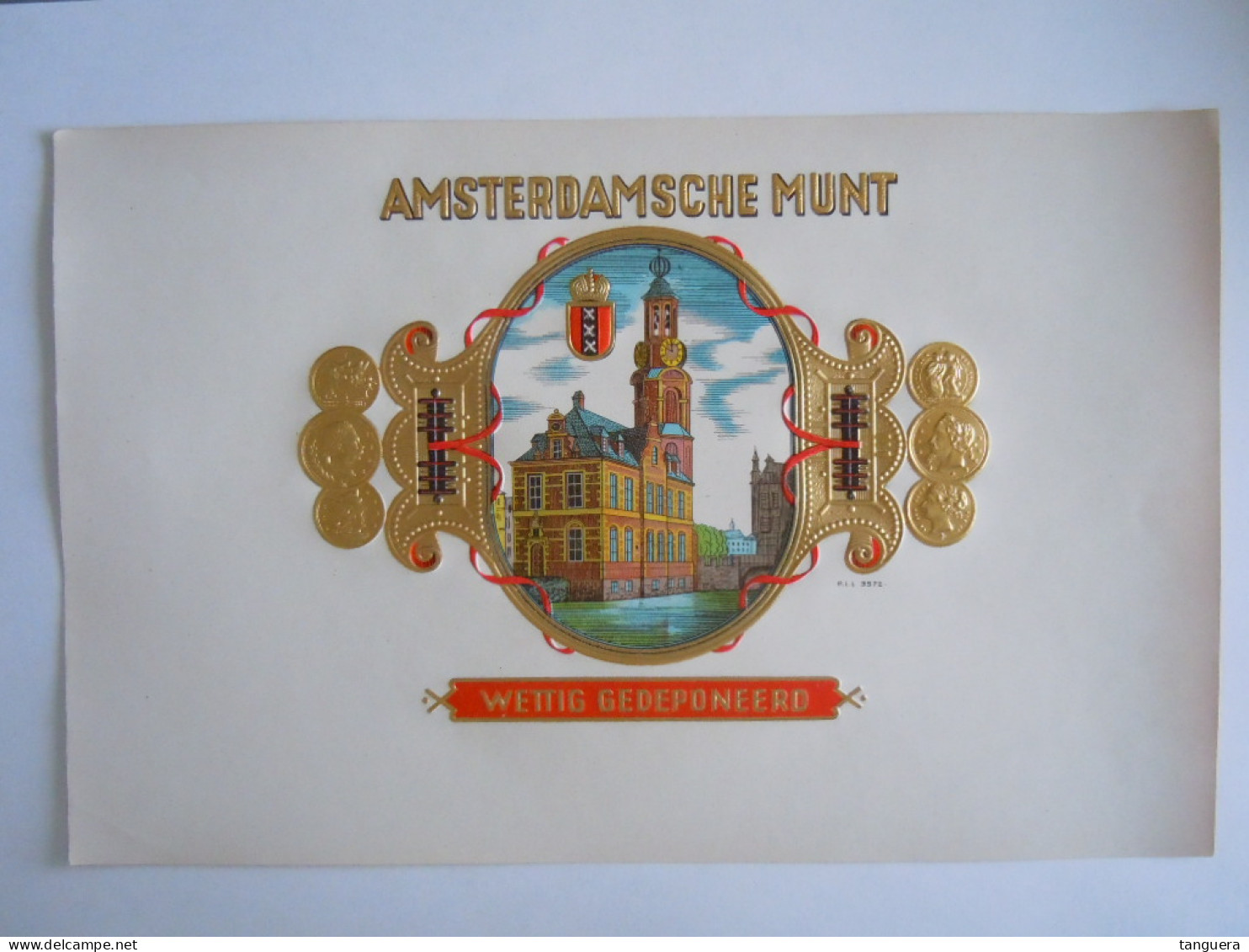 Etiquette De Boîte à Cigares Sigarenkist Etiket Sigaren Kist Amsterdamse Munt P.I.L. 3572 Gouddruk Relief 24x15,5 Cm - Etiketten