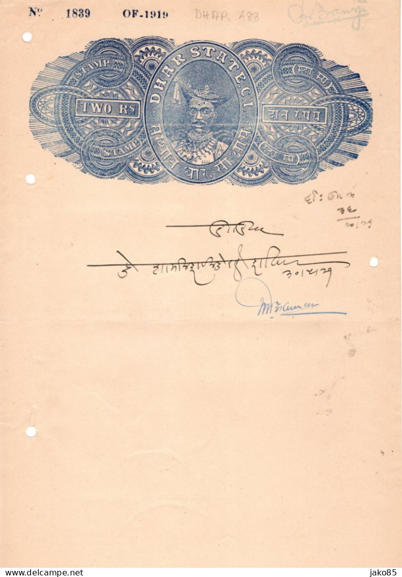 - INDE - Etat Princier - DHAR - 1912 / 26  - Revenue - T17 N°488- 2 Rupees - Dhar
