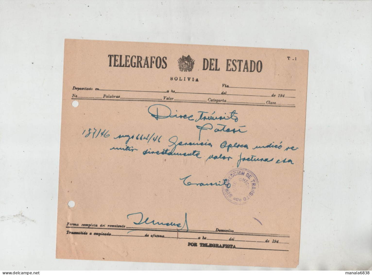 Telegrafos Del Estado Bolivia 1946 à Identifier - Non Classés