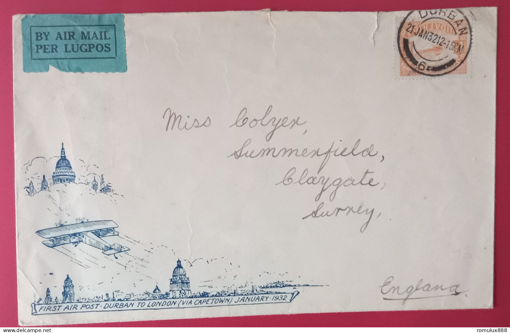 FIRST AIRPOST DURBAN-LONDON VIA CAPETOWN LARGE COVER 1932 - Poste Aérienne