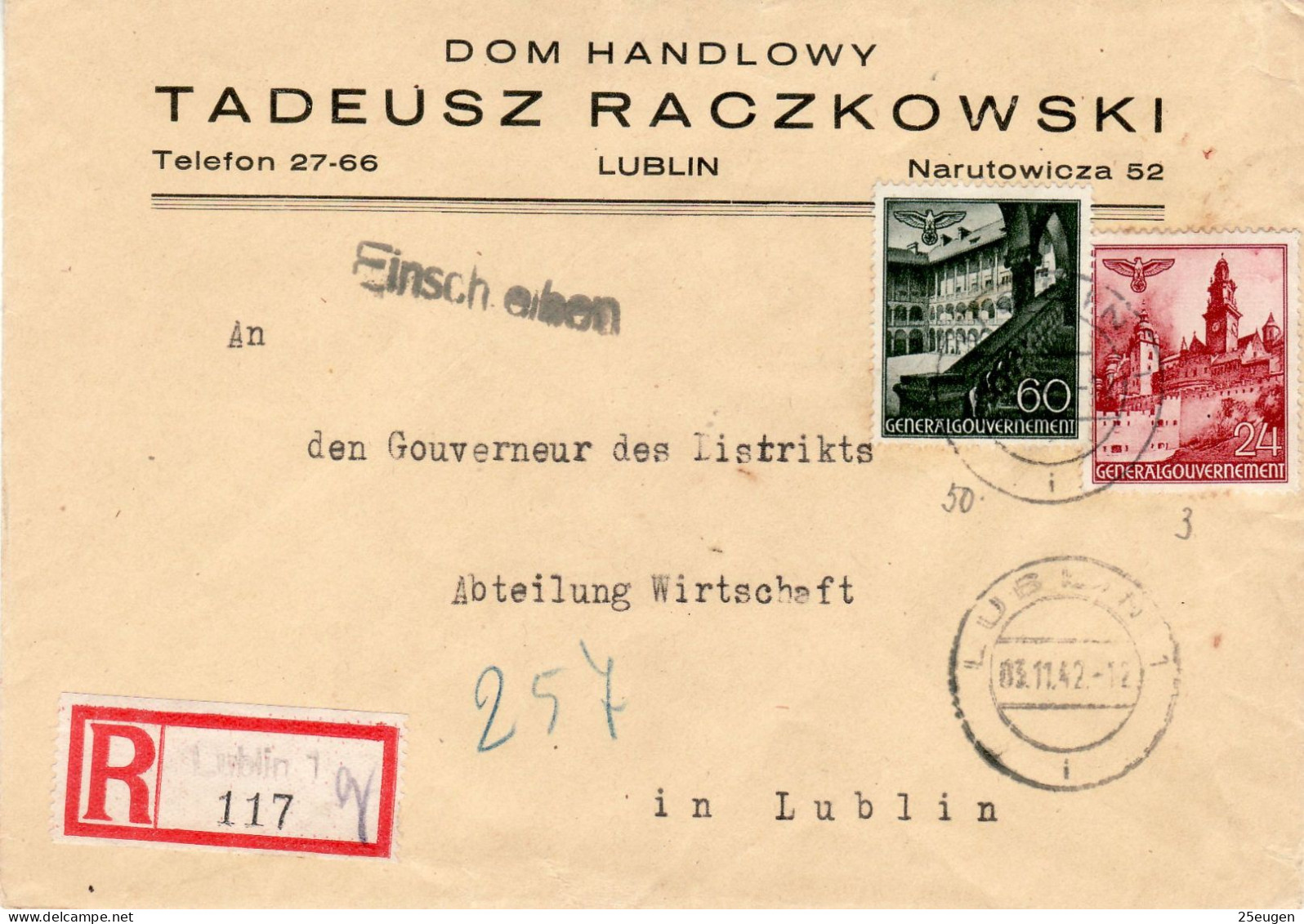 POLAND GENERAL GOVERNMENT 1942 R -  LETTER SENT FROM LUBLIN TO LUBLIN - Gouvernement Général