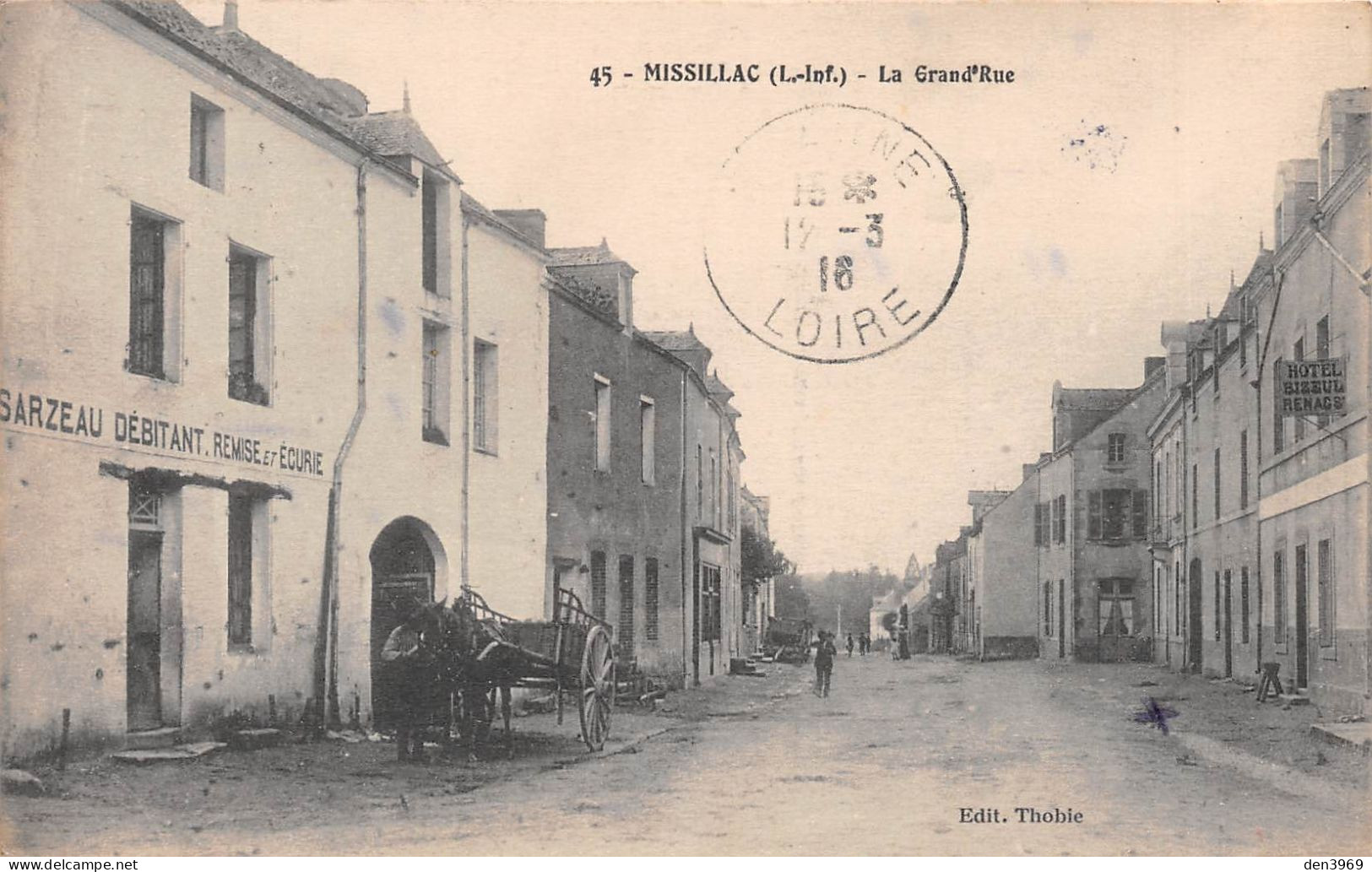 MISSILLAC (Loire-Atlantique) - La Grand'Rue - Sarzeau Débitant, Attelage De Cheval - Voyagé 1916 (2 Scans) - Missillac