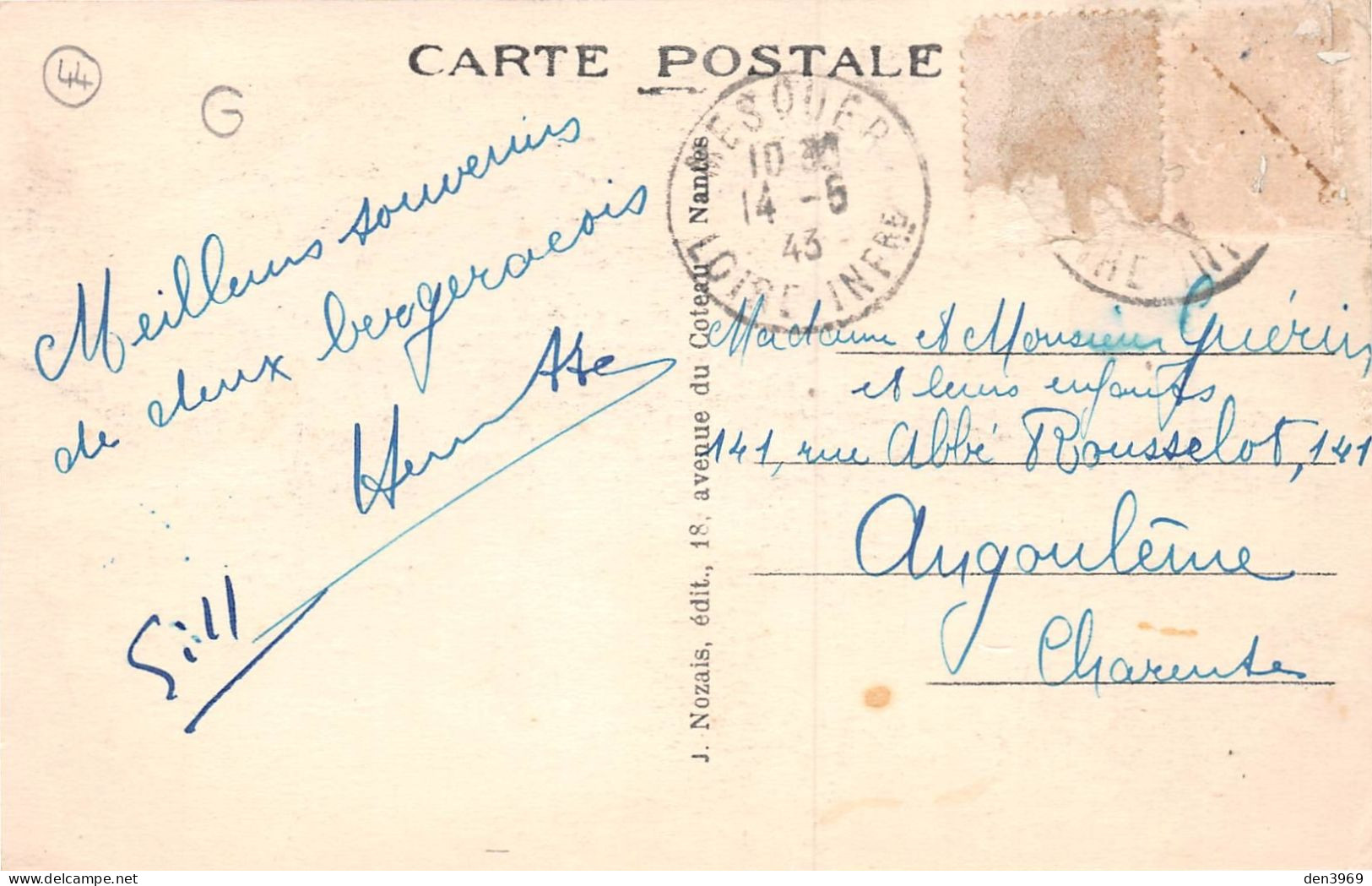 MESQUER (Loire-Atlantique) - La Mairie Et L'Eglise - Voyagé 1943 (2 Scans) - Mesquer Quimiac