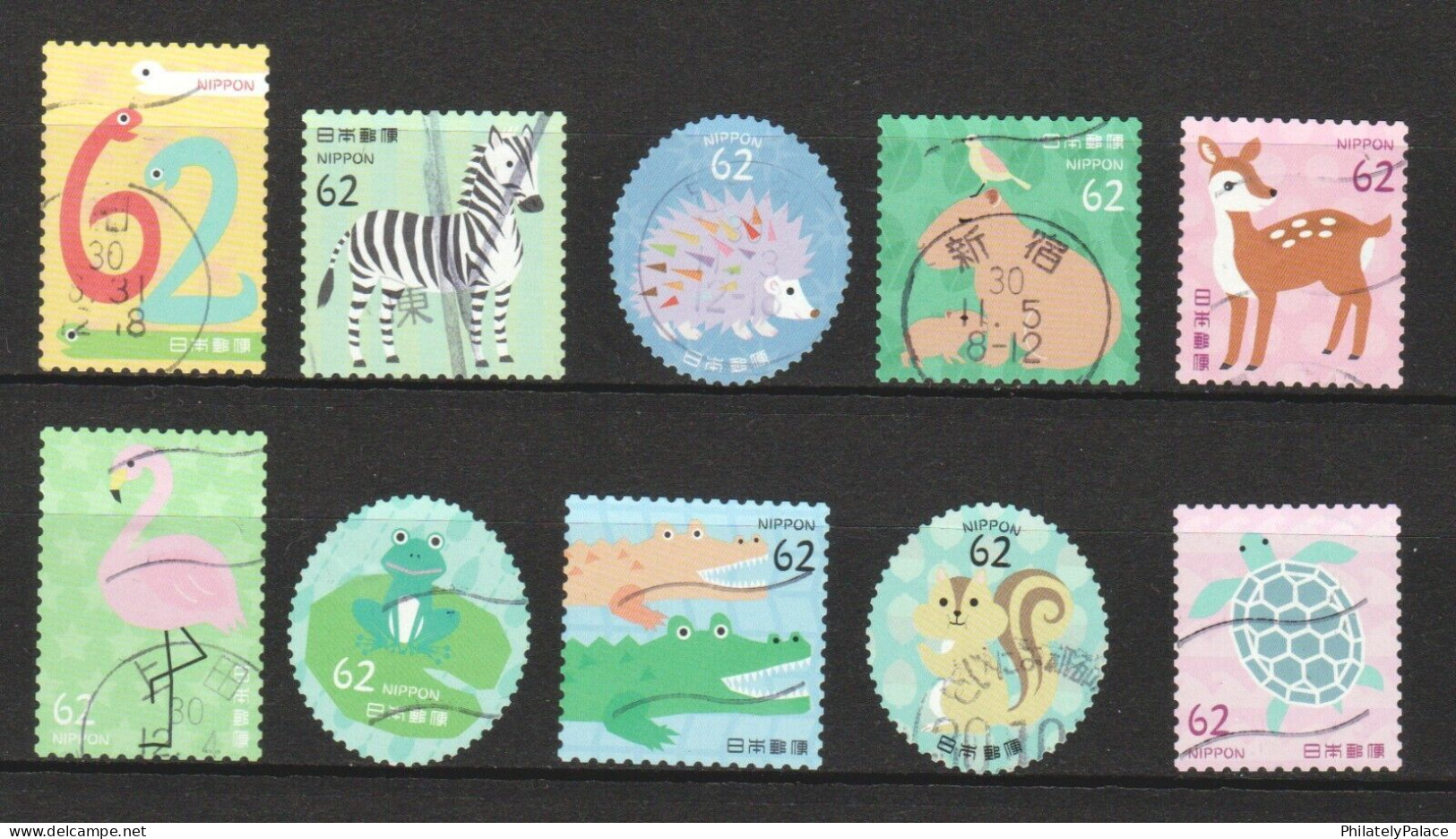 JAPAN 2018 ANIMALS SERIES NO. 1 (ANIMALS IN ZOO) SNAKE,ZEBRA,DEER,FLAMINGO,FROG,CROCODILE,TURTLE, 10V SET USED - Gebraucht