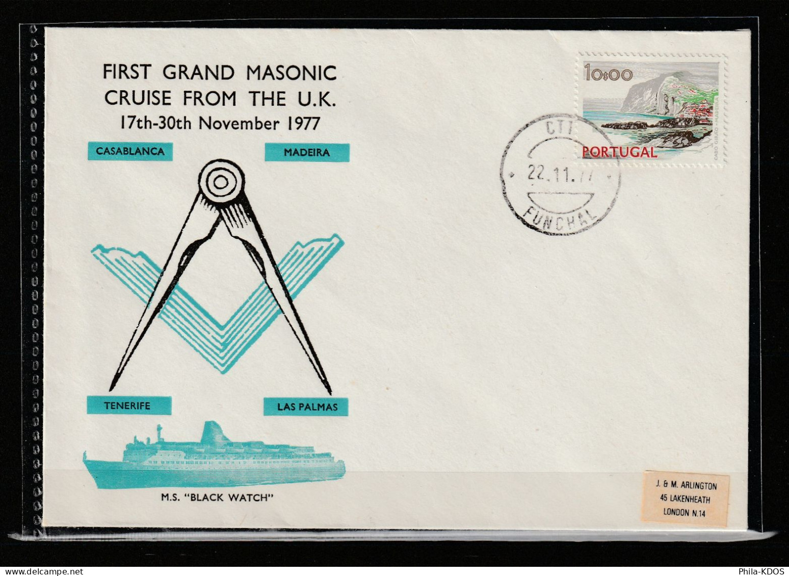 " First Grand Masonic Cruise From The U.K. M.S. Black Watch"  Sur Enveloppe Du Portugal. A SAISIR ! - Freimaurerei