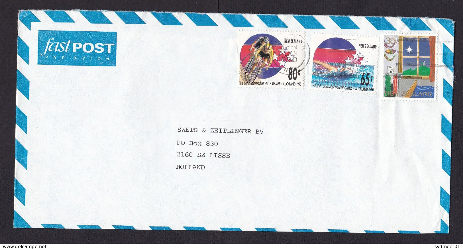 New Zealand: Airmail Cover To Netherlands, 1990, 3 Stamps, Games, Cycling, Swimming (Christmas Stamp Damaged) - Lettres & Documents