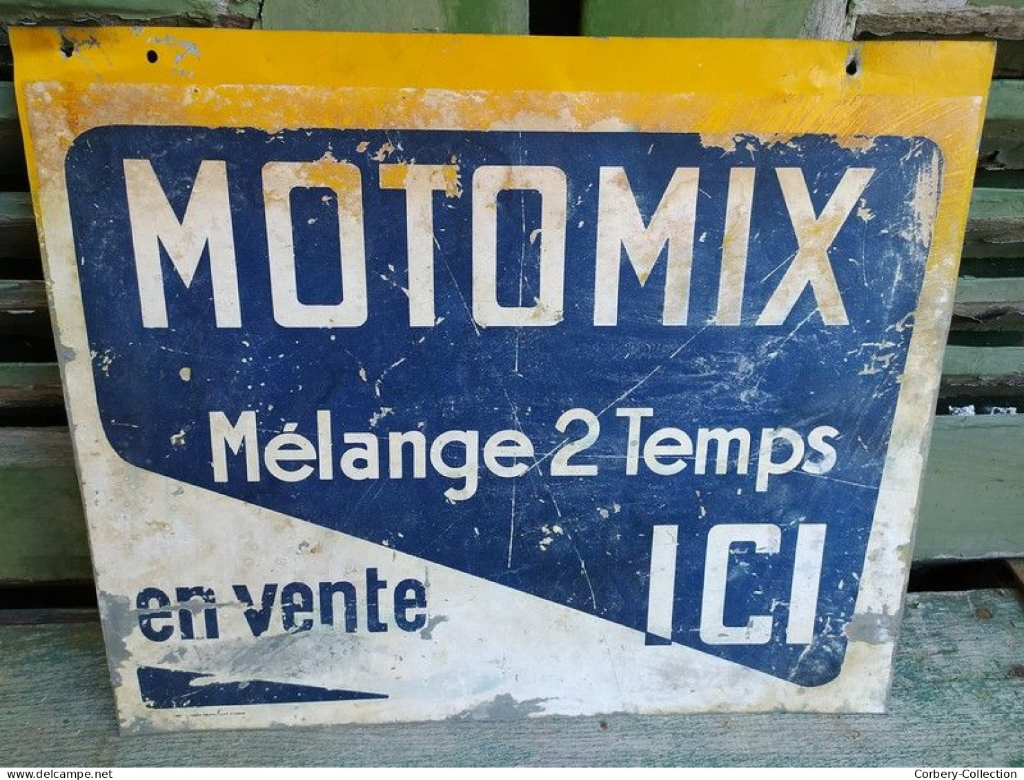 Rare Ancienne Enseigne Publicitaire Tôle & Papier Motomix Mélange 2 Temps en Vente Ici