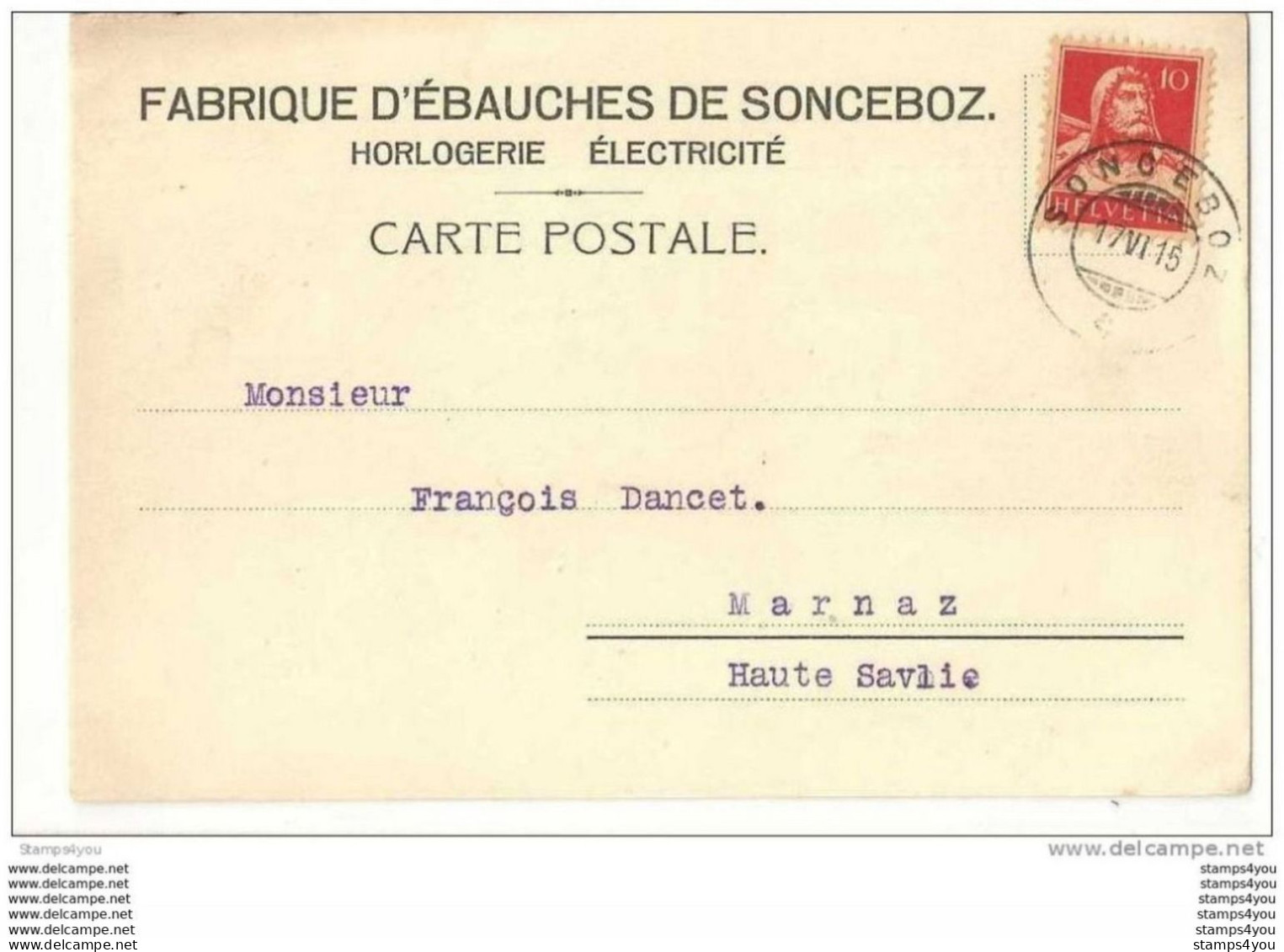 51 - 76 - Carte Suisse Fabrique D'Ebauches De Sonceboz 1915 - Horlogerie