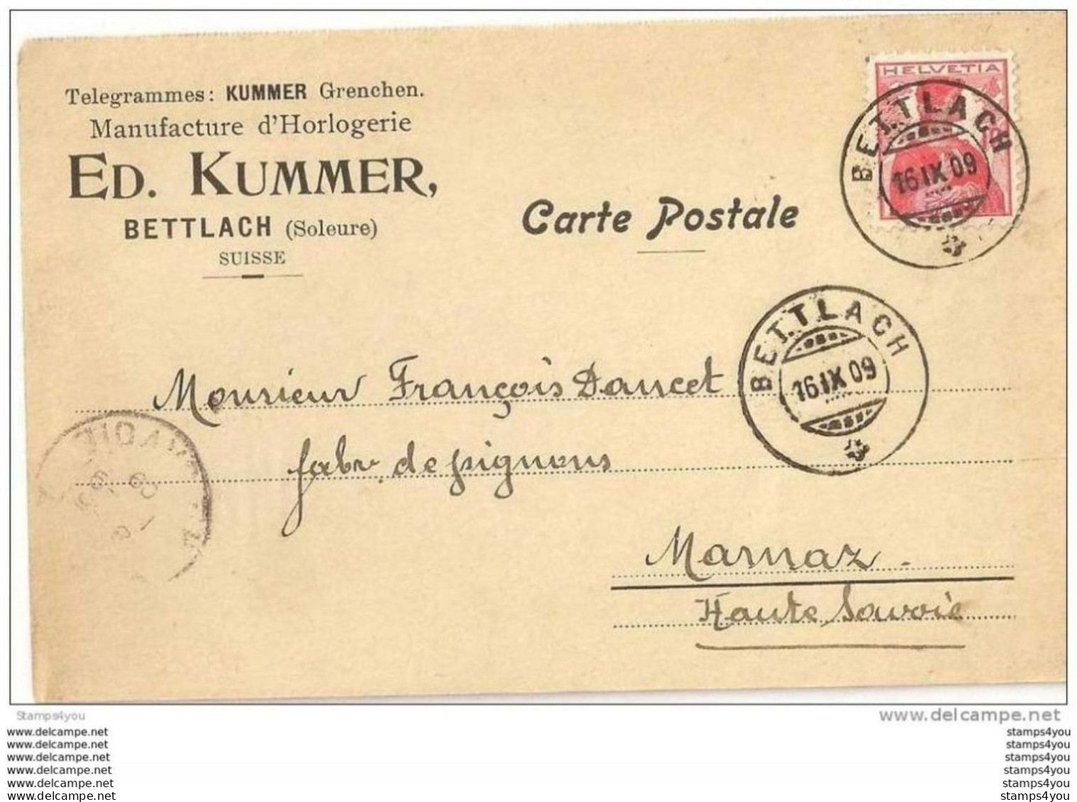 75 - 44 - Carte Manufacture D'Horlogerie Ed. Kummer Bettlach Envoyée En France 1909 - Horlogerie