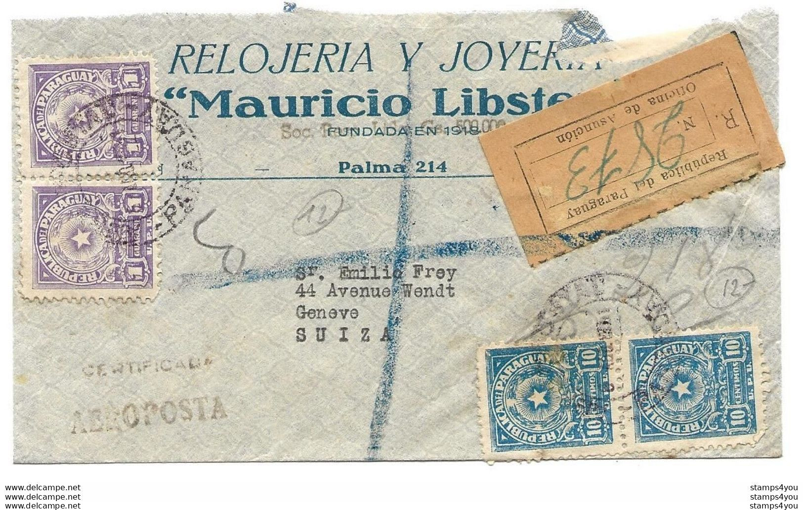 237 - 95 - Enveloppe Recommandée Envoyée Par Joaillerie Mauricio Libste Paraguay En Suisse 1951 - Horlogerie