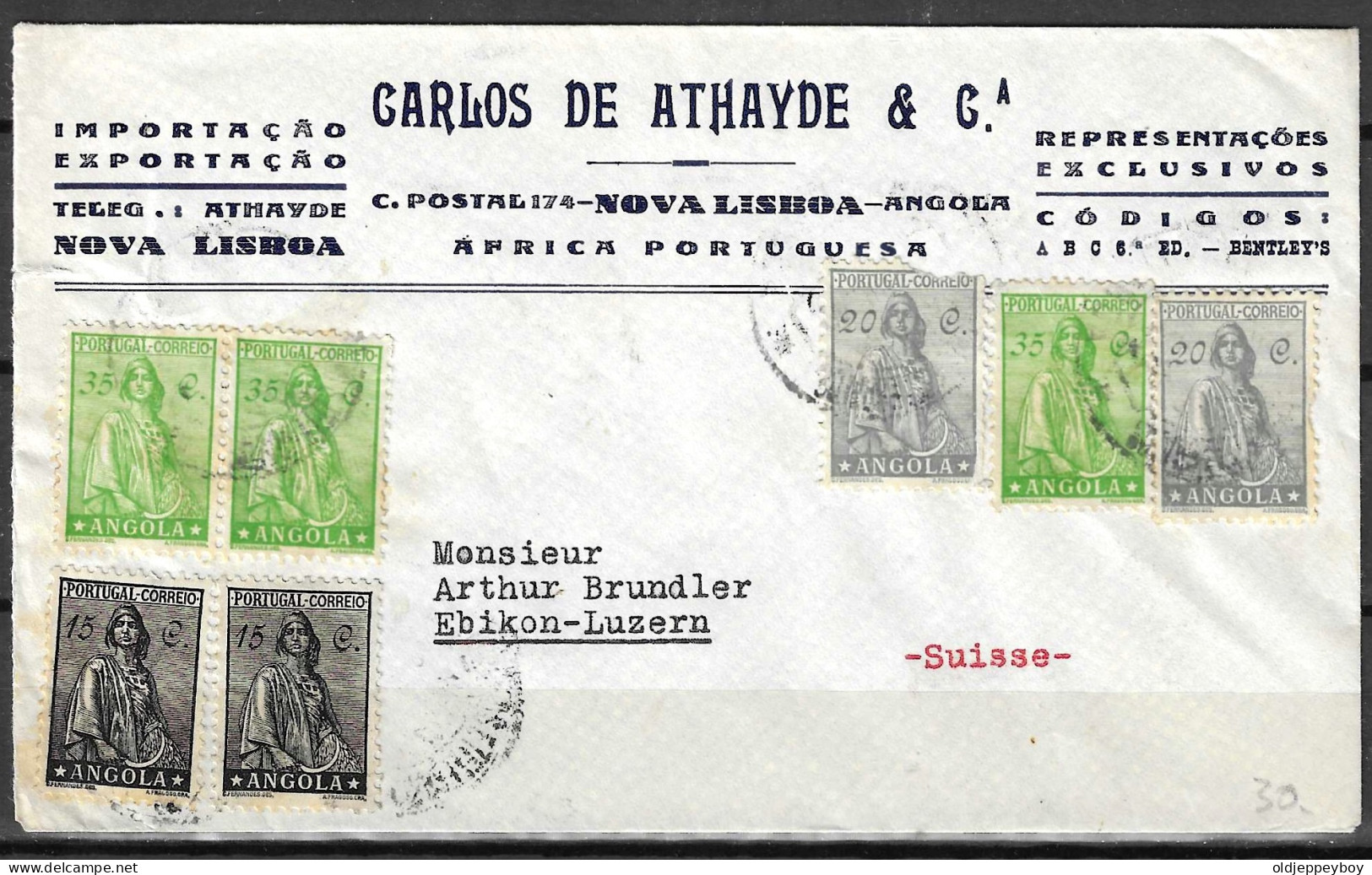 ANGOLA  PUBLICITY CARLOS DE ATHAYDE  NOVA LISBOA   ENVELOPE COVER AIRMAIL TO EBIKON-LUZERN    SUISSA SUISSE SWITZERLAND - Storia Postale