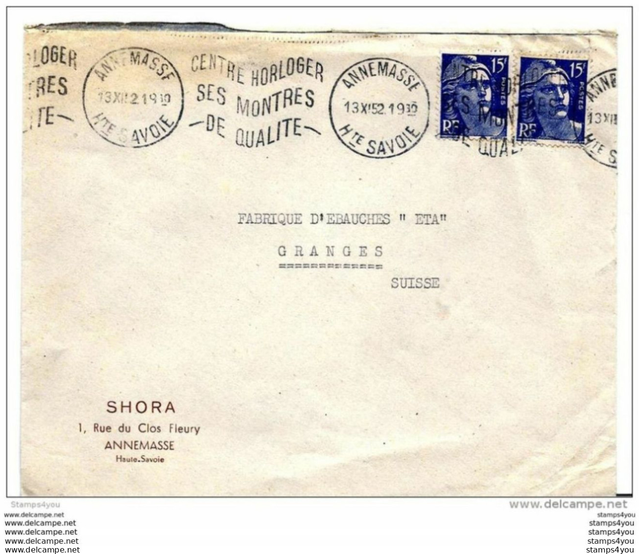 216 - 78 - Enveloppe  De France Avec Superbe Oblit Mécanique "Annemasse Centre Horloger" 1952 - Horlogerie