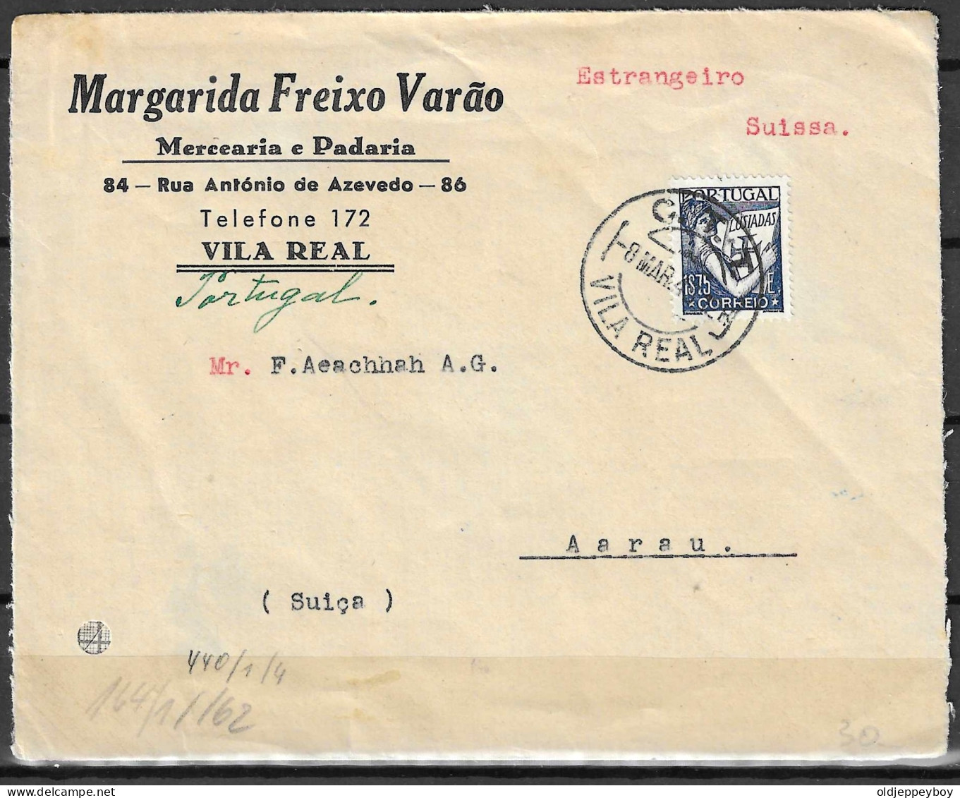 1943 PORTUGAL NAZI CENSORSHIP  PUBLICITY VILA REAL  ENVELOPE COVER AIRMAIL TO  AARAU SUISSA SUISSE SWITZERLAND - Covers & Documents