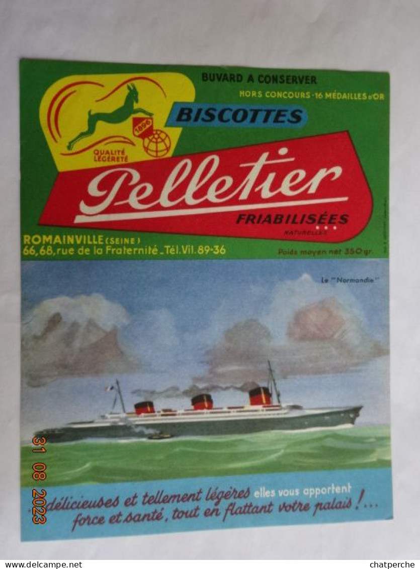 BUVARD BLOTTING PAPER  BISCOTTES  PELLETIER FEUILLETEES PAQUEBOT LE NORMANDIE - Biscottes