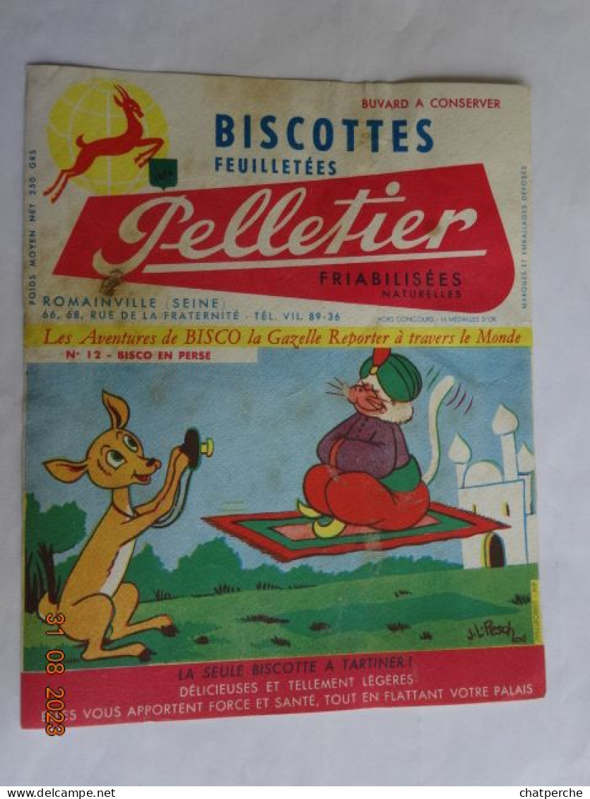 BUVARD BLOTTING PAPER  BISCOTTES  PELLETIER FEUILLETEES LES AVENTURES DE BISCO LA GAZELLE BISCO BISCO EN PERSE - Biscottes