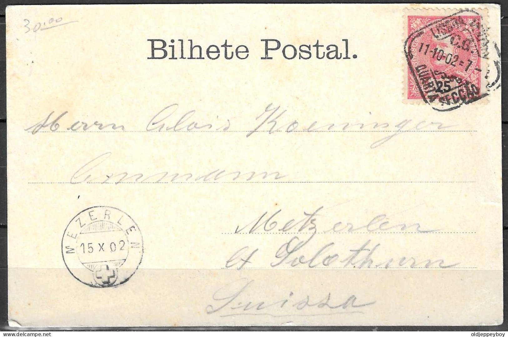 1902 PORTUGAL COVER LISBONNE BELEM TO MEZERLEN (METSERLEN)  SUISSE SWITZERLAND EXTRA RARE - Lettres & Documents