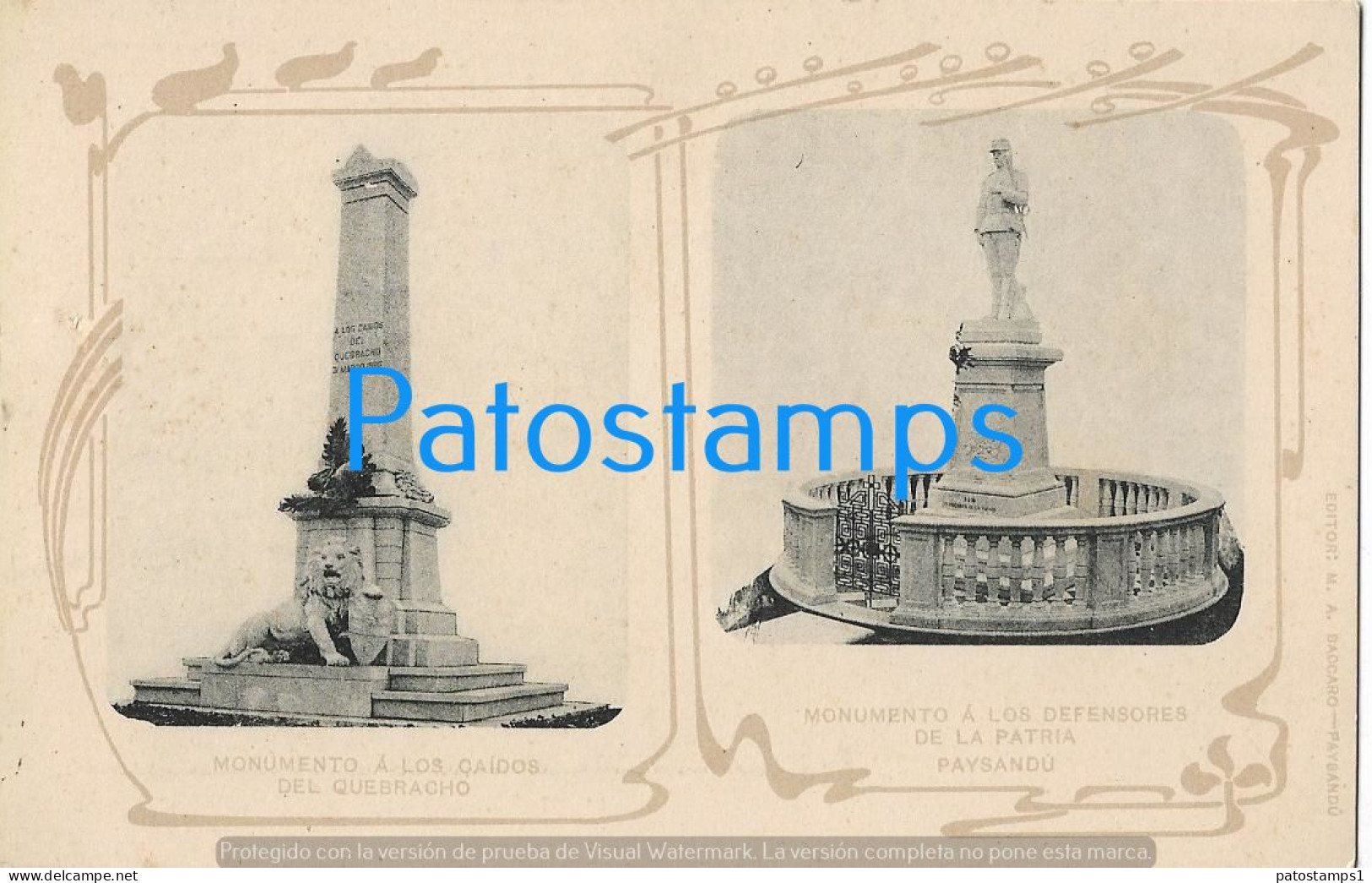 212844 URUGUAY PAYSANDU MONUMENTO A LOS CAIDOS DEL QUEBRACHO & DEFENSORES DE LA PATRIA  POSTAL POSTCARD - Uruguay