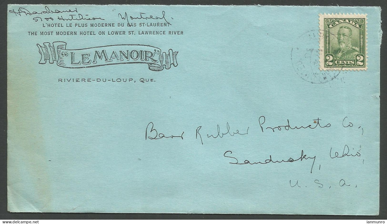 1930 Le Manoir Hotel Advertising Cover 2c Scroll RPO Riviere Du Loup Quebec - Postal History