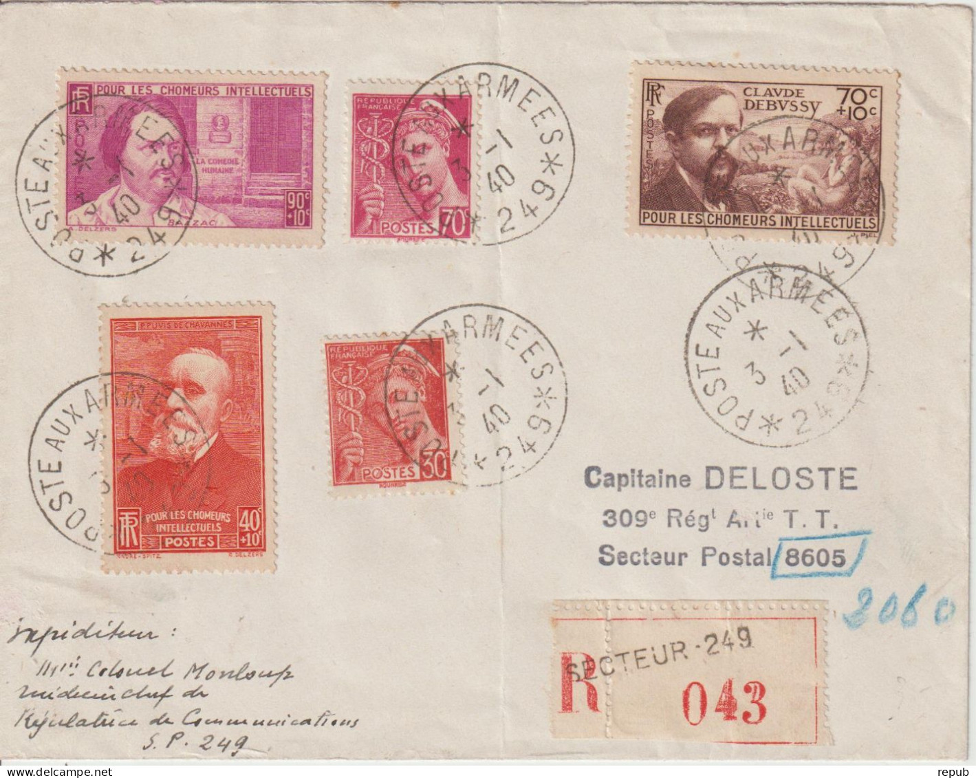 France 1940 Lettre Recommandée Postes Aux Armées 249 Pour Autre Secteur Postal - WW II