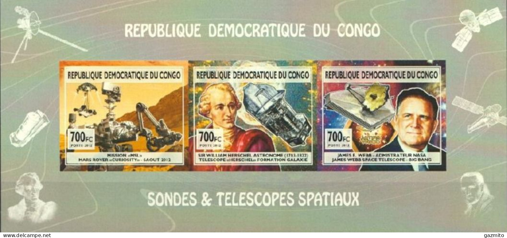 Congo Ex Zaire 2013, Space, Astronomers, Satellites, Telescope, 3val In BF IMPERFORATED - Afrique