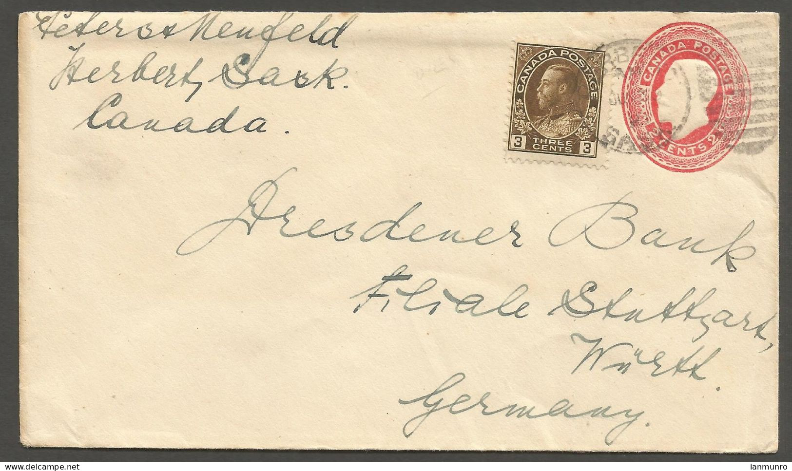 1921? Cover 5c UPU Rate Admiral/Uprated GV PSE Duplex Herbert Saskatchewan To Germany - Postal History
