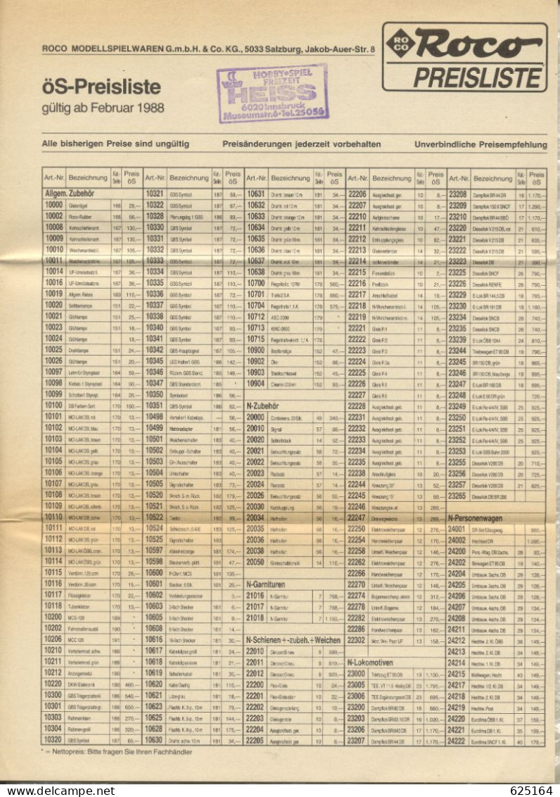 Catalogue ROCO 1988 HO-Preisliste ÖSH ONLY PREISLISTE - Deutsch