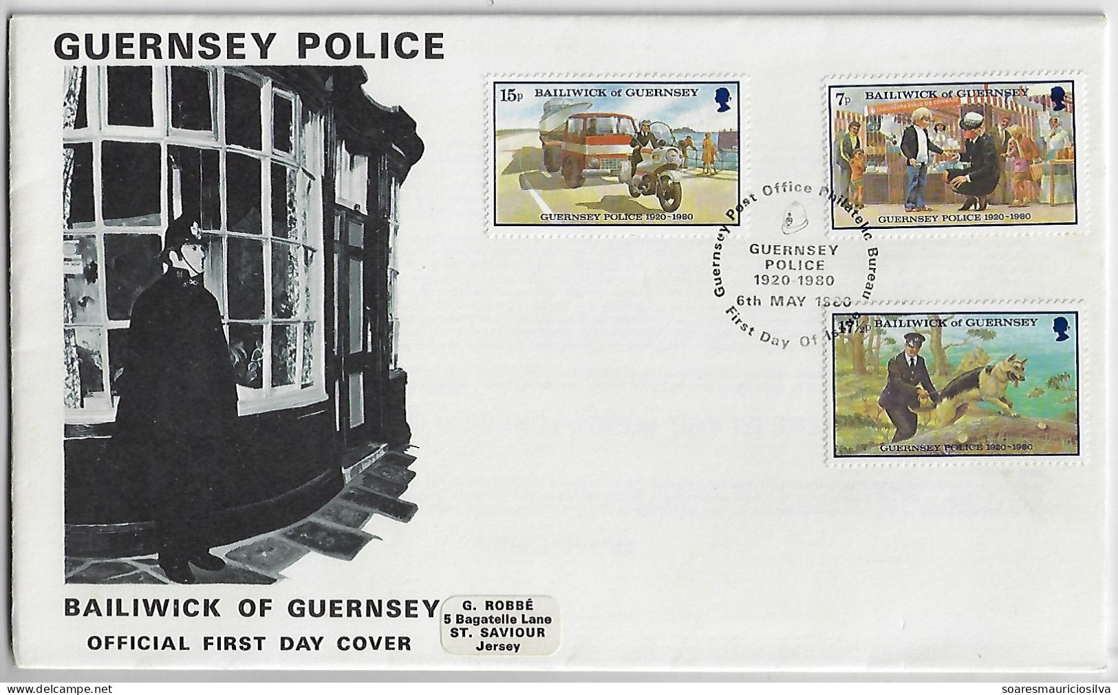 Guernsey 1980 FDC First Day Cover 3 Stamp Police Motorcycle Dog German Shepherd Truck Boat Child Policeman Helmet - Police - Gendarmerie