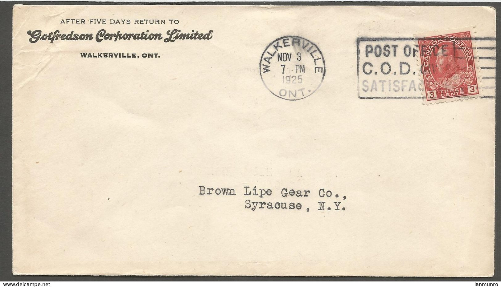 1925 Gotfredson Corporation Corner Card Cover 3c Admiral Slogan Walkerville Ontario - Postal History