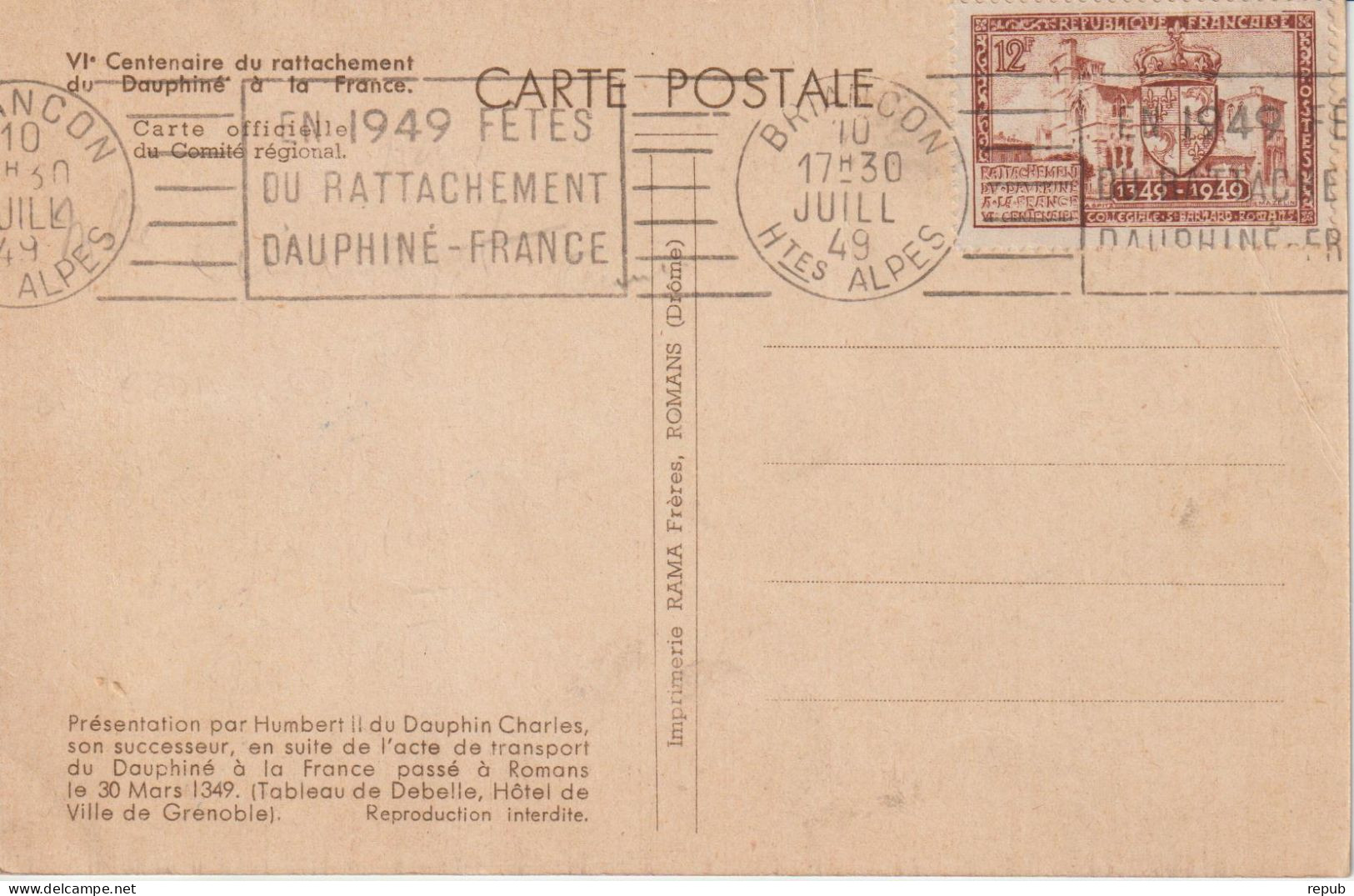 France Carte Maximum 1949 Centenaire Du Rattachement Du Dauphiné 839 - 1940-1949