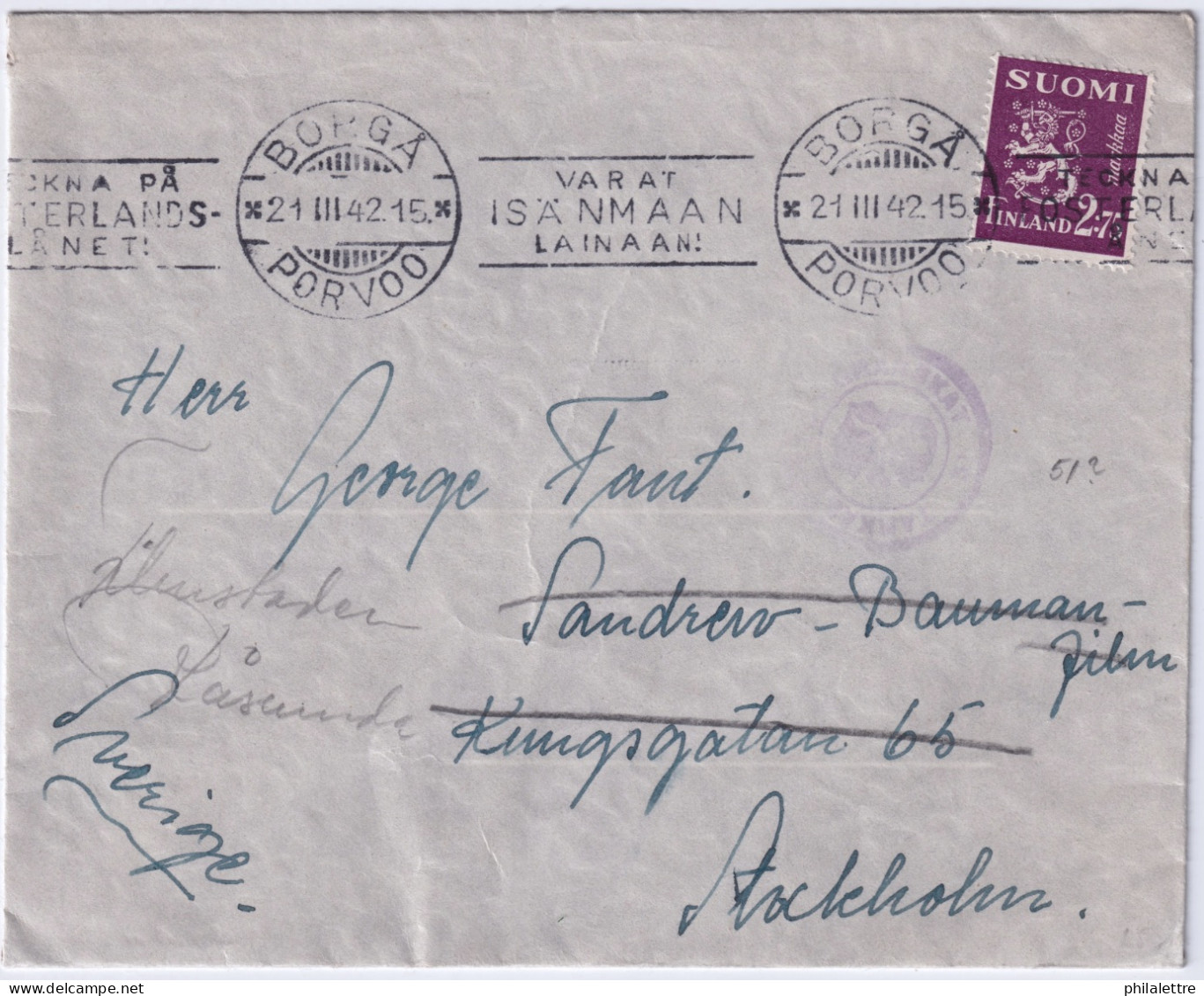 FINLAND - 1942 - Censor Mark On Cover From BORGÅ To Stockholm, Sweden Franked 2.75Mk - Cartas & Documentos