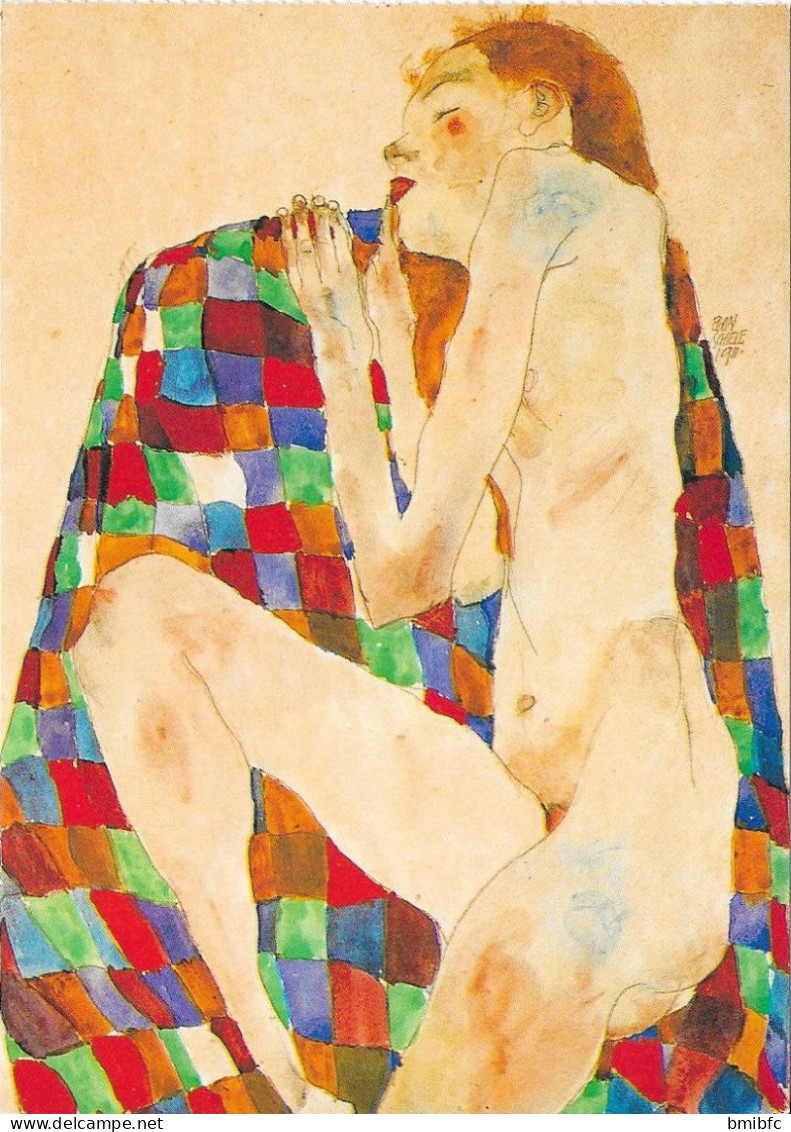 Egon Schiele - Nu Féminin Sur Couverture Bariolée - Schiele