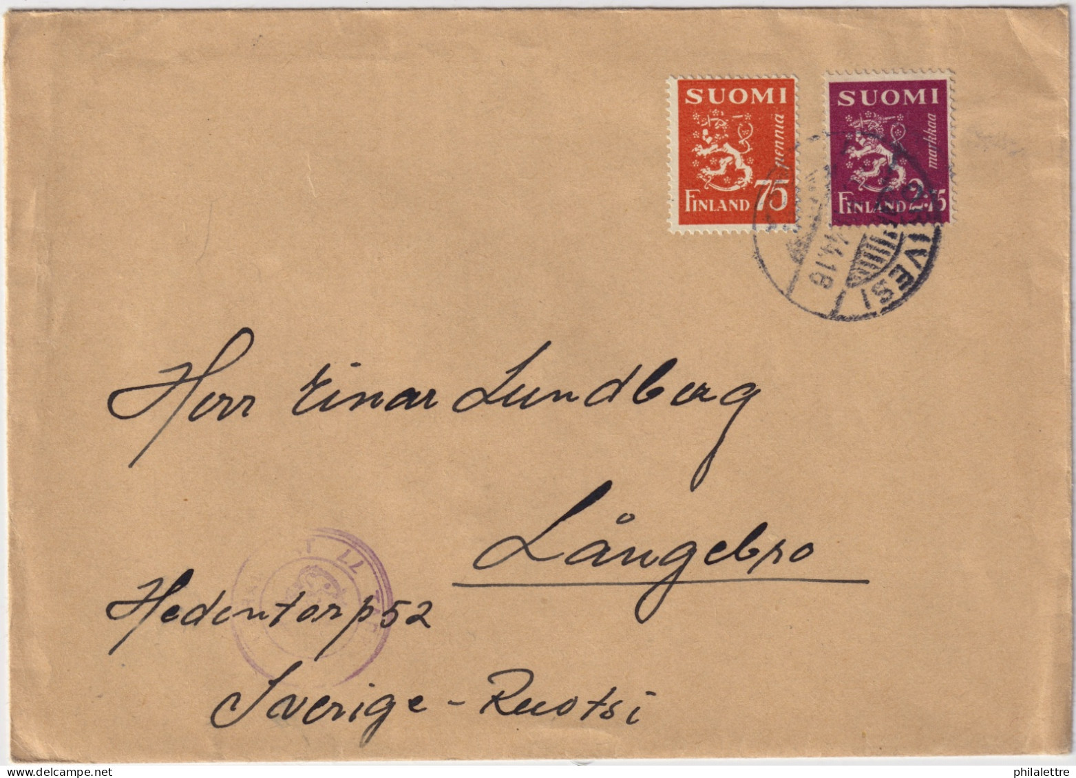 FINLAND - 1944 - Censor Mark On Cover From ORIVIESI To Långebro, Sweden Franked 2.75Mk & 75p - Briefe U. Dokumente