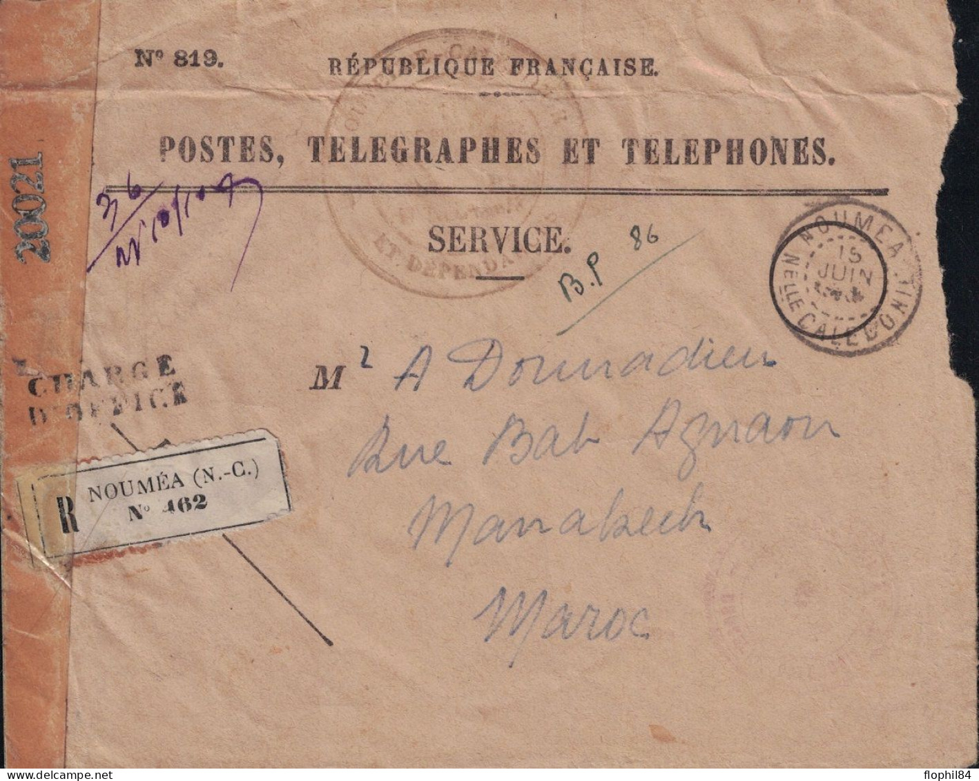 NOUVELLE CALEDONIE - NOUMEA - ENVELOPPE POSTE N°819 - RECOMMANDEE CHARGEE D'OFFICE POUR LE MAROC - CENCURE - RARE. - Cartas & Documentos