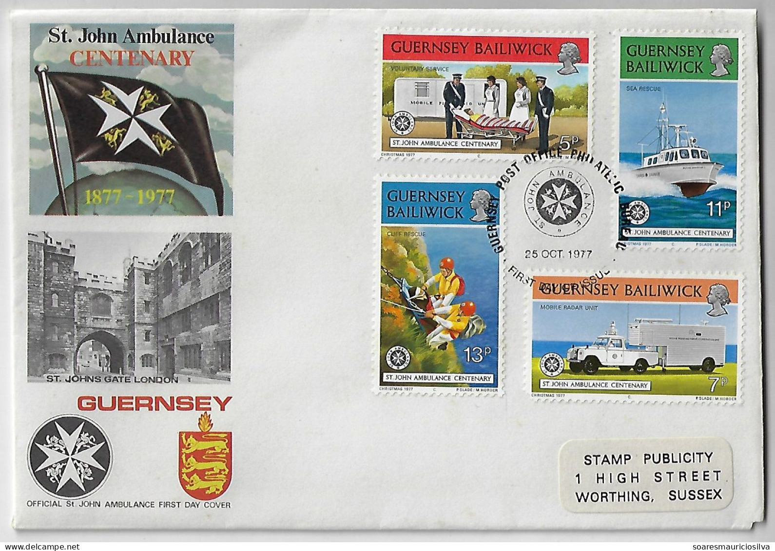 Guernsey 1977 FDC First Day Cover 4 Stamp St. John Ambulance Centenary Boat Ambulance Sea Rescue Mountain Clibing Nurse - Secourisme